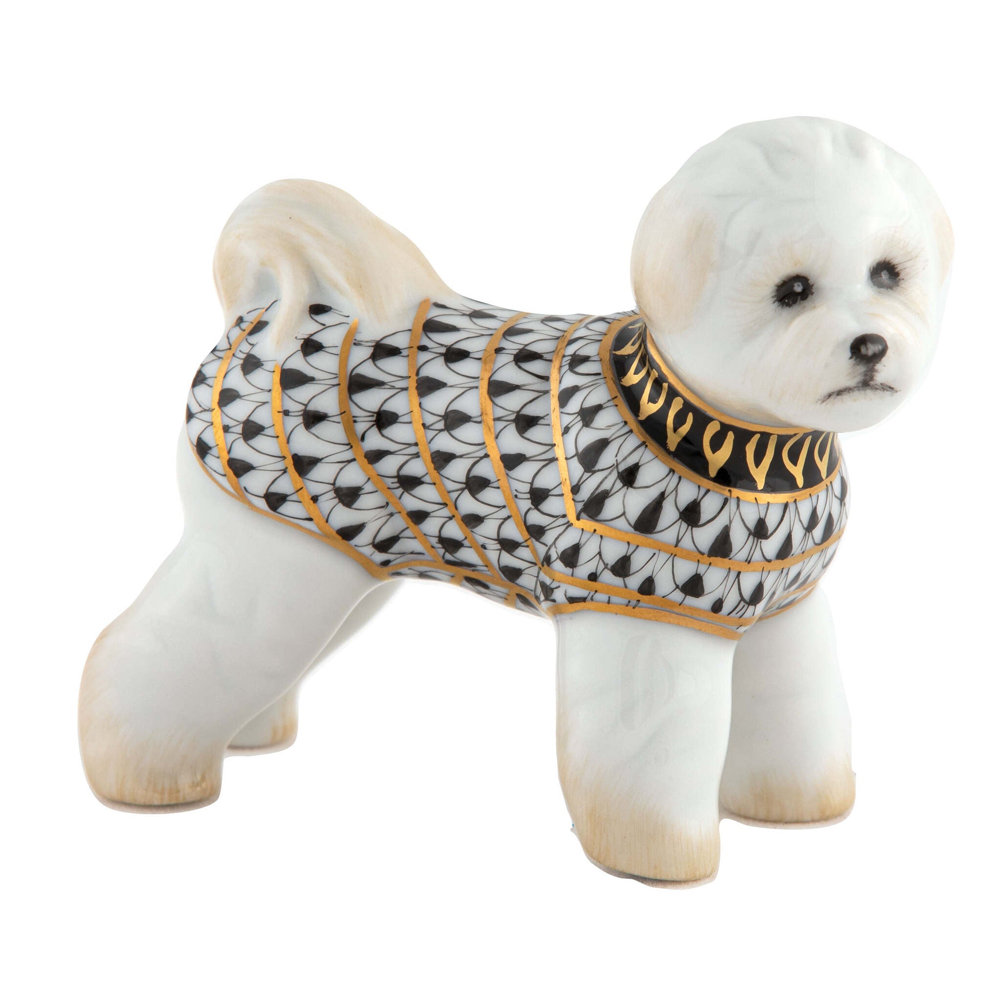 Bichon Frise Figurine in hand-painted Black porcelain by Herend of Hungary