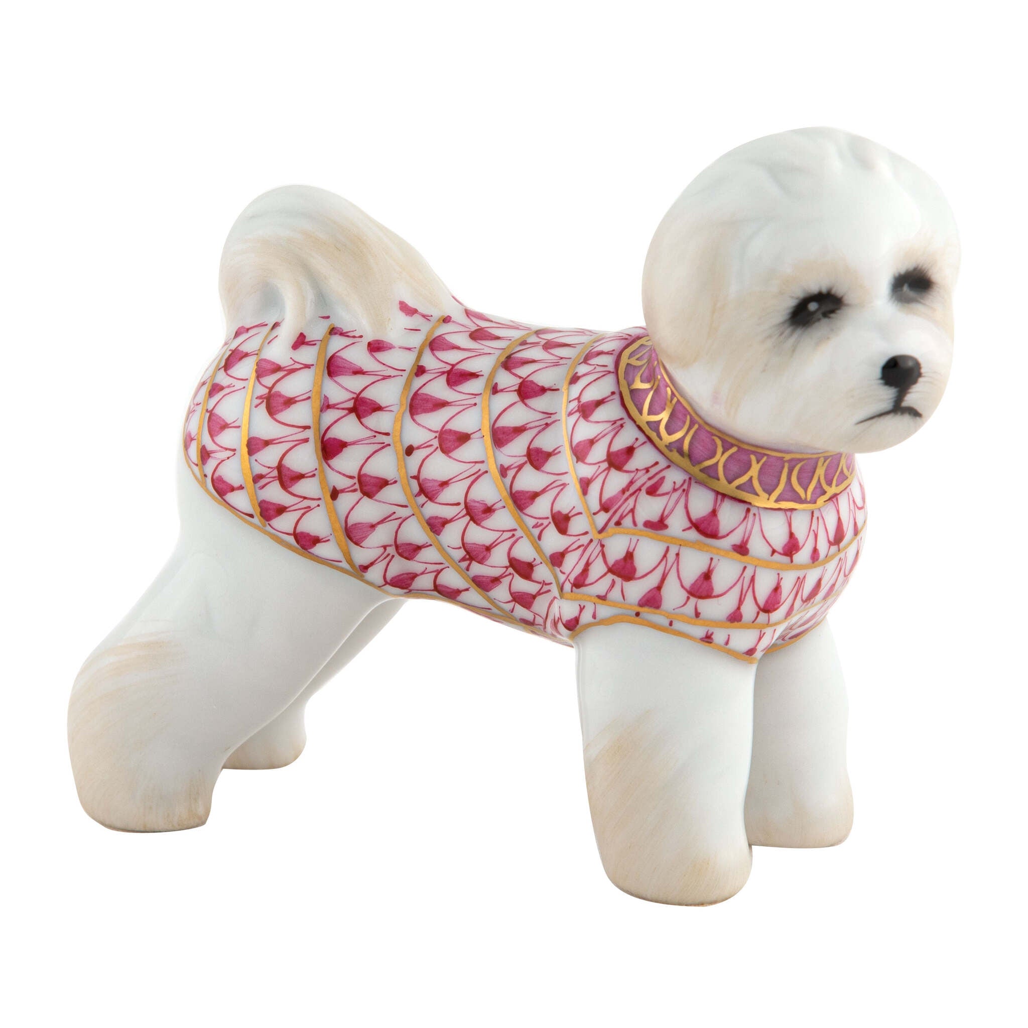 Raspberry fishnet Bichon Frise Figurine figurine, hand-painted Herend porcelain with 24k gold accents