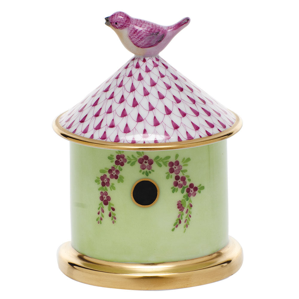 Hand-painted Herend Bird House Box in Raspberry fishnet porcelain on a white background