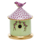 Hand-painted Herend Bird House Box in Raspberry fishnet porcelain on a white background