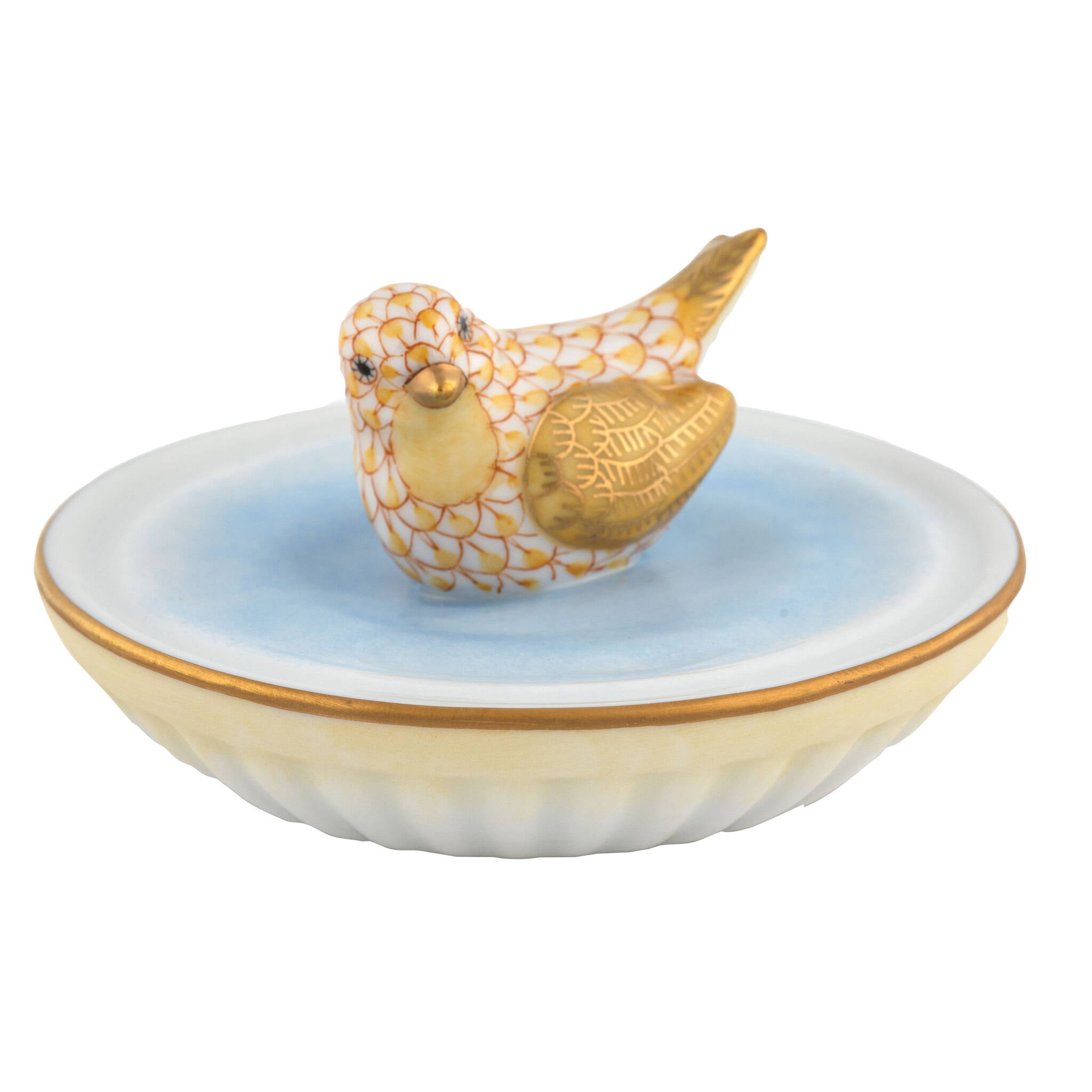 Bird in Bird Bath Figurine in hand-painted Butterscotch porcelain by Herend of Hungary
