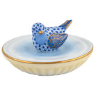 Hand-painted Herend Bird in Bird Bath Figurine in Sapphire fishnet porcelain on a white background