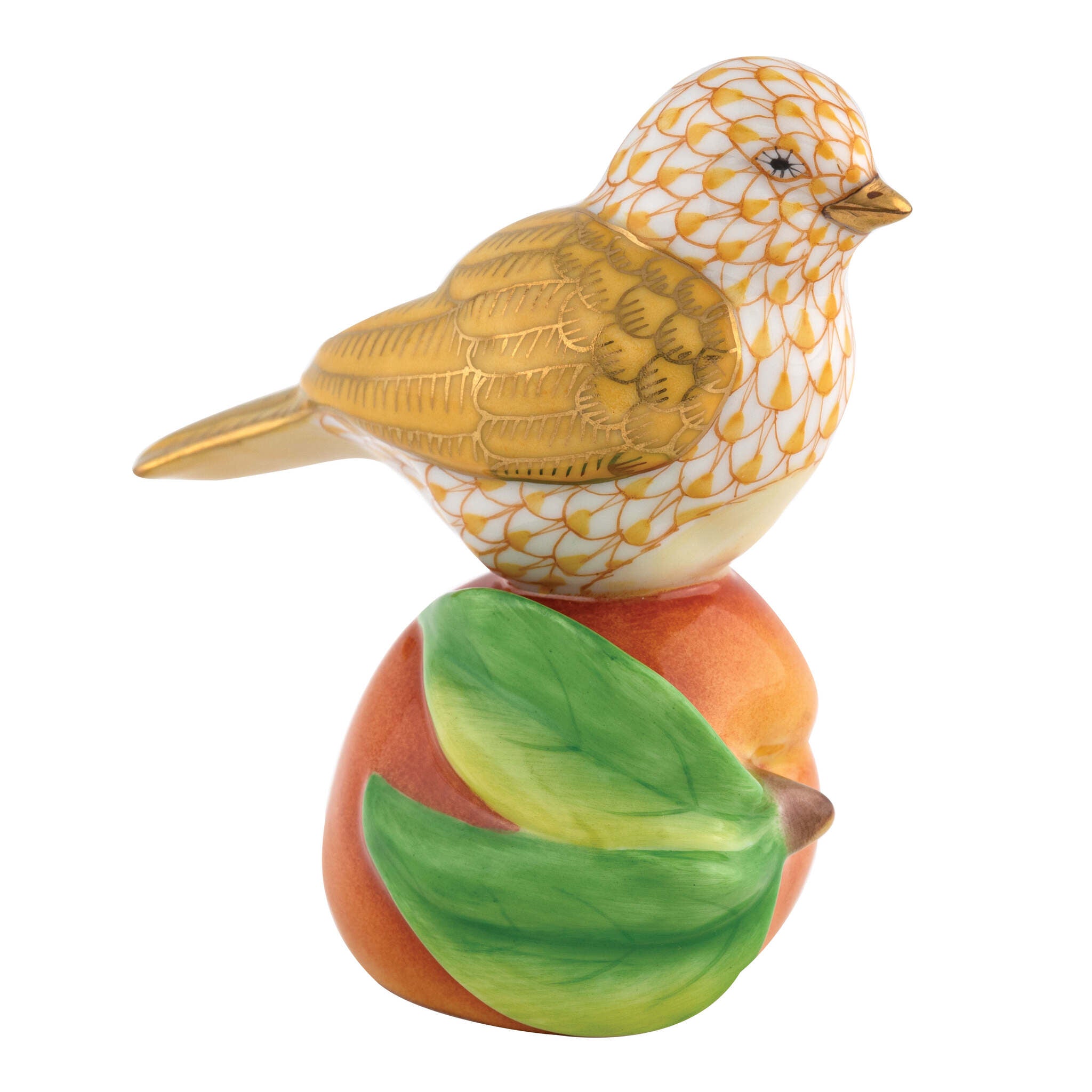 Bird on Peach Figurine in hand-painted Butterscotch porcelain by Herend of Hungary