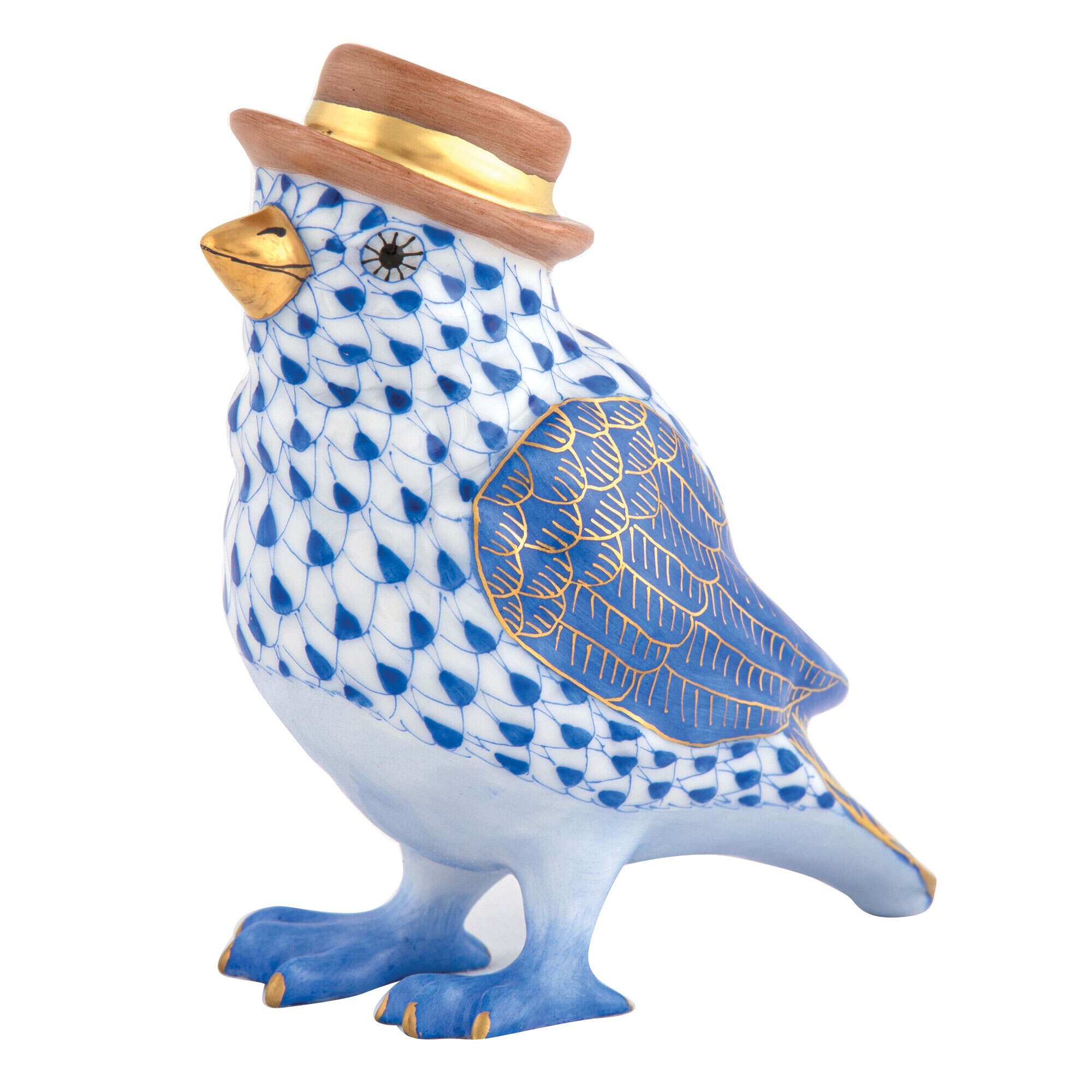 Sapphire fishnet Bird with Hat Figurine figurine, hand-painted Herend porcelain with 24k gold accents