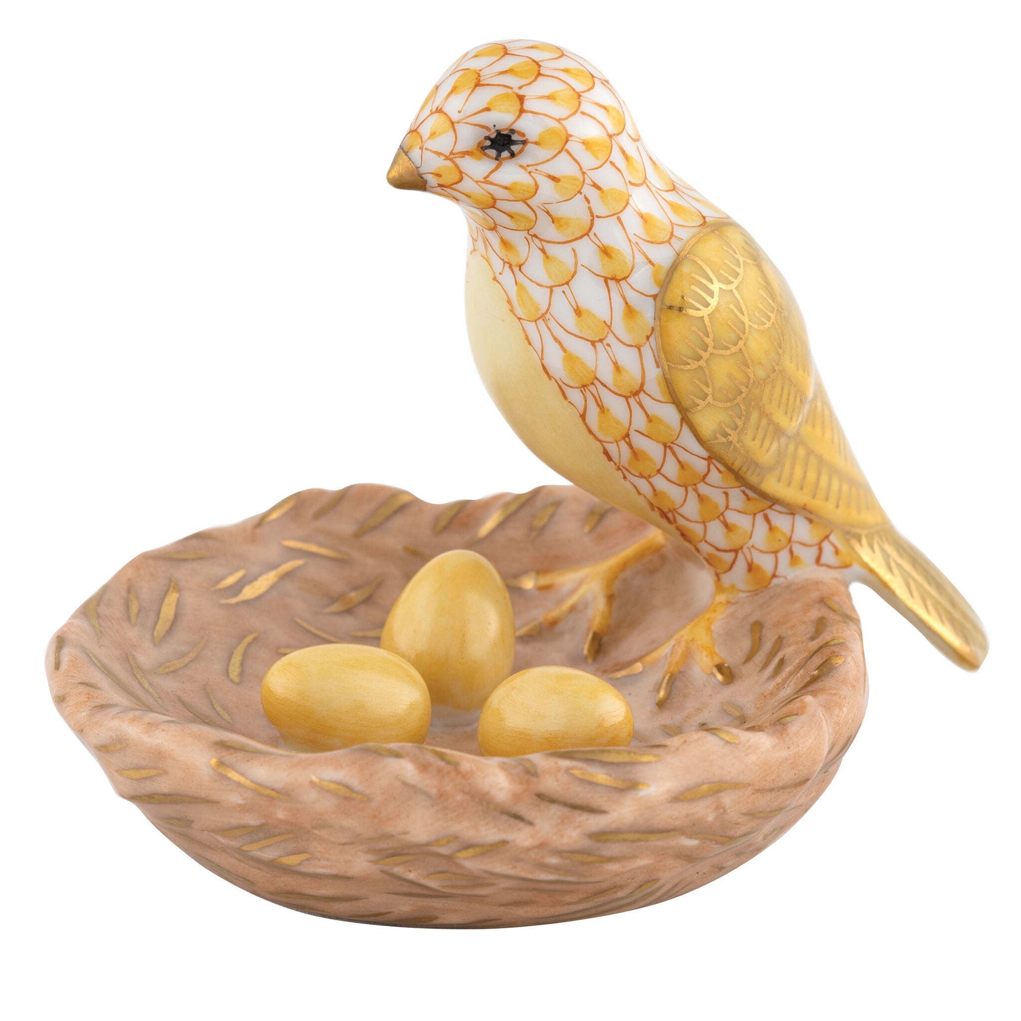 Butterscotch fishnet Bird with Nest Figurine figurine, hand-painted Herend porcelain with 24k gold accents