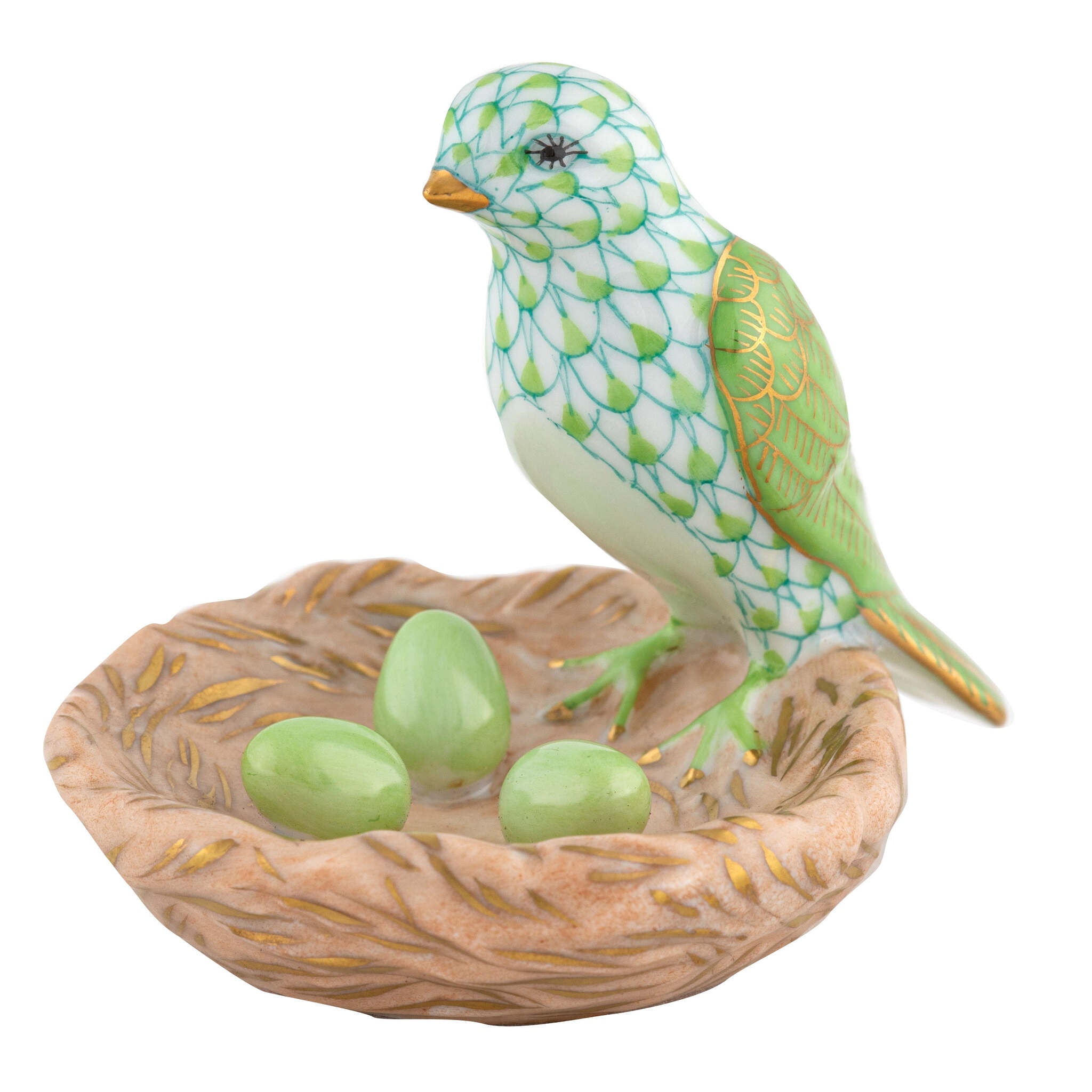 Herend Bird with Nest Figurine porcelain figurine painted in the Key Lime fishnet pattern