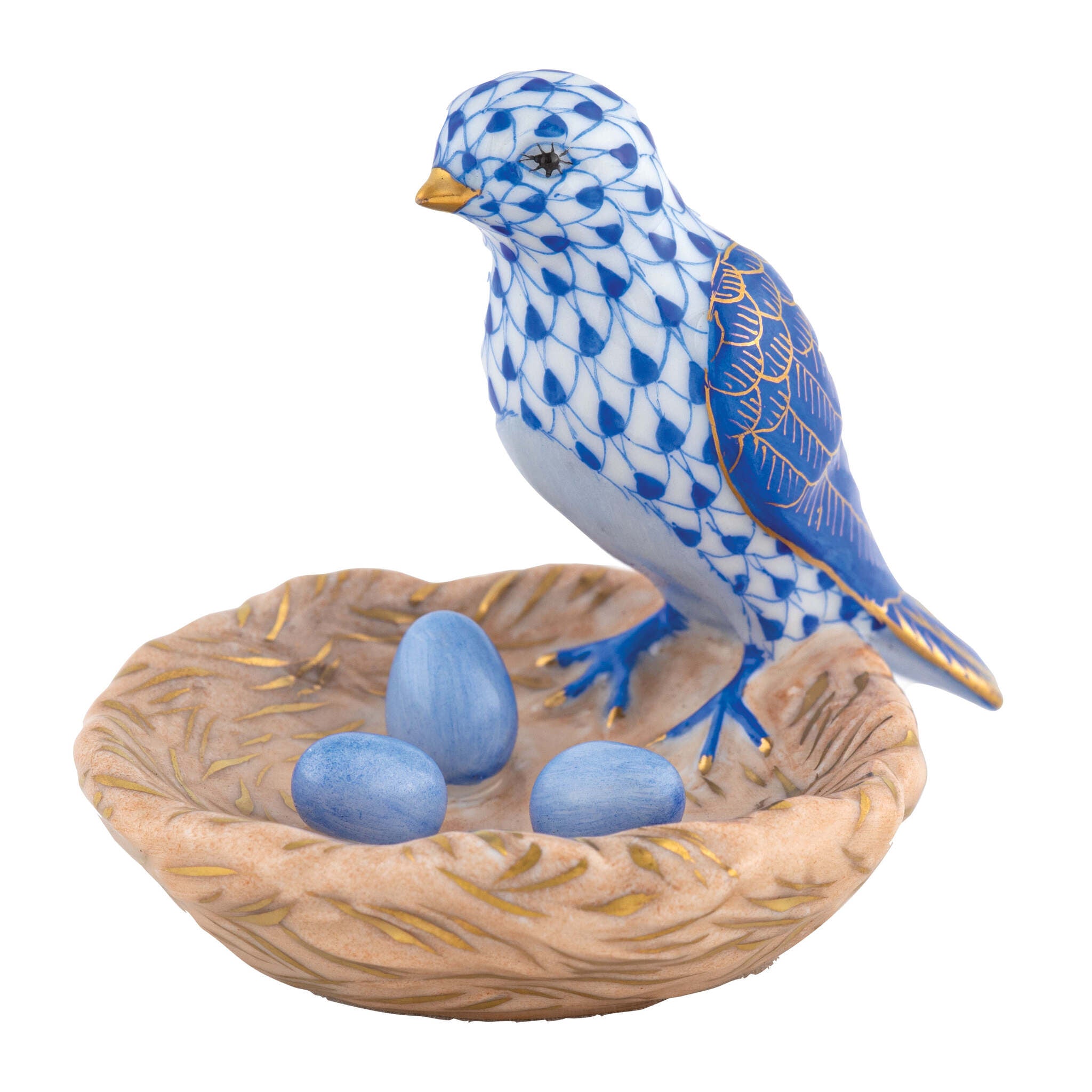 Hand-painted Herend Bird with Nest Figurine in Sapphire fishnet porcelain on a white background