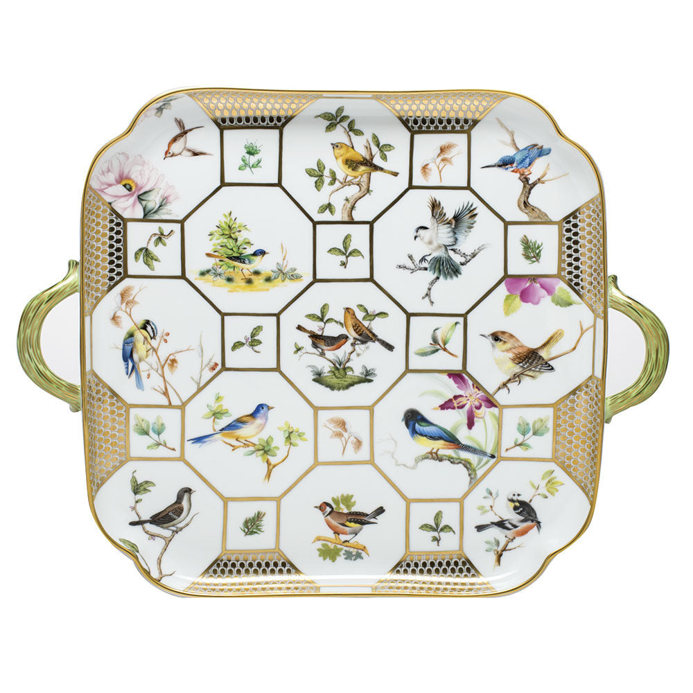 Hand-painted Herend Birds of Herend Tray Decorative Plate in fine porcelain, 12.75in L X 12.75in W, on a white background