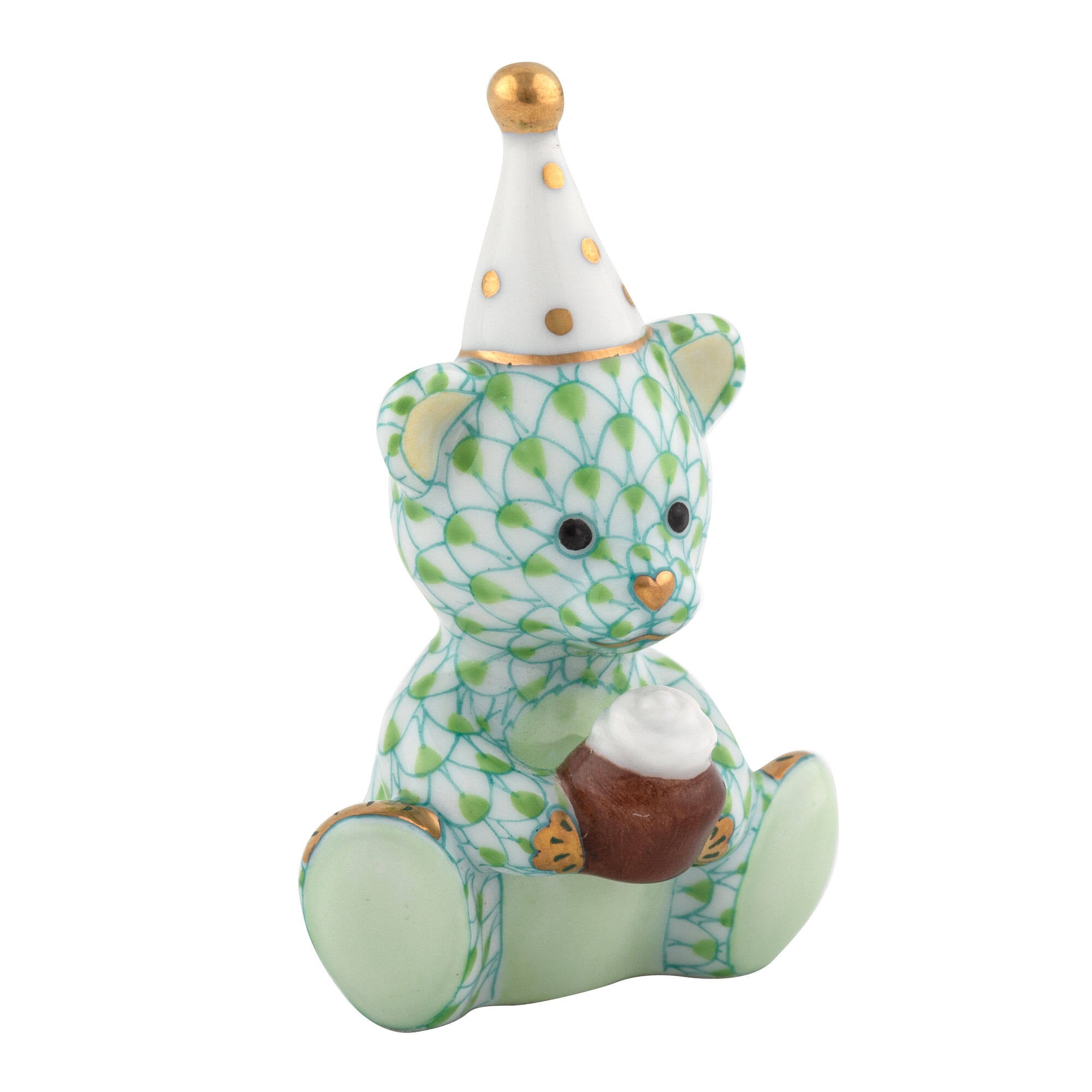 Herend Birthday Bear Figurine porcelain figurine painted in the Key Lime fishnet pattern