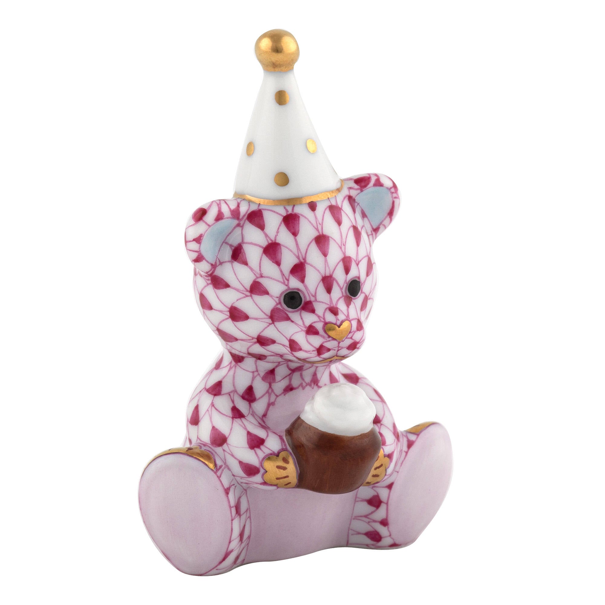 Raspberry fishnet Birthday Bear Figurine figurine, hand-painted Herend porcelain with 24k gold accents