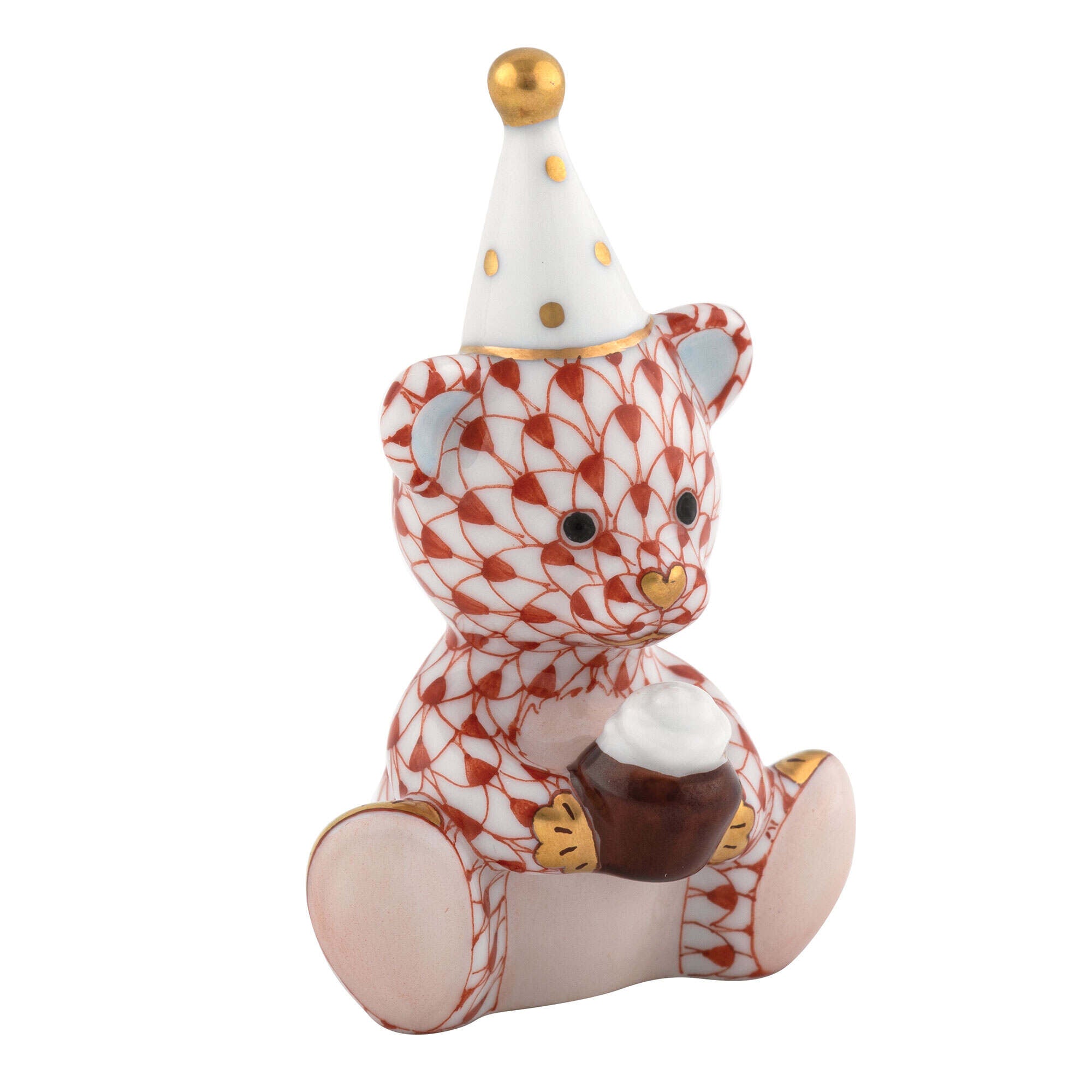 Rust fishnet Birthday Bear Figurine figurine, hand-painted Herend porcelain with 24k gold accents