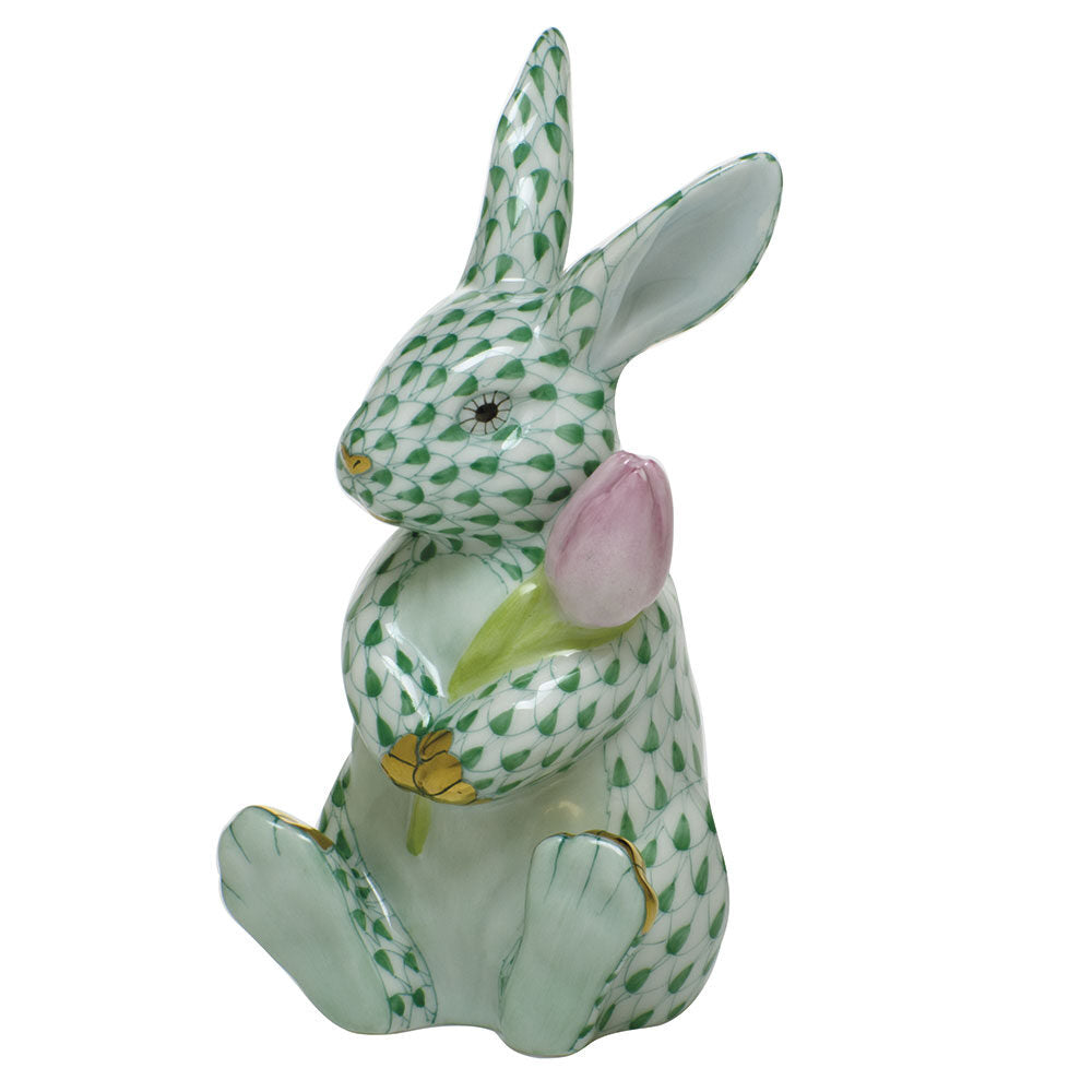 Herend Blossom Bunny Figurine porcelain figurine painted in the Green fishnet pattern