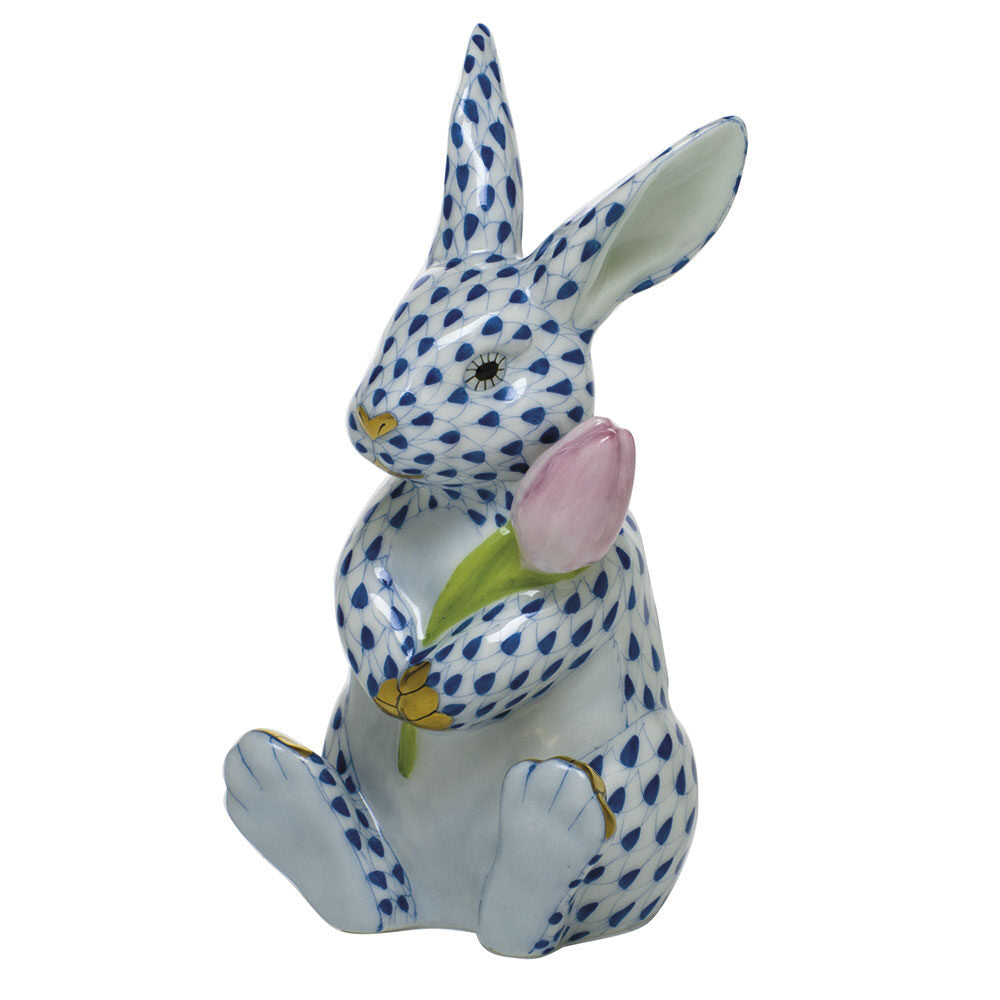 Sapphire fishnet Blossom Bunny Figurine figurine, hand-painted Herend porcelain with 24k gold accents