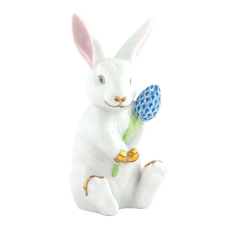 Herend Blossom Bunny in White-Blue - Hand-painted Hungarian porcelain figurine