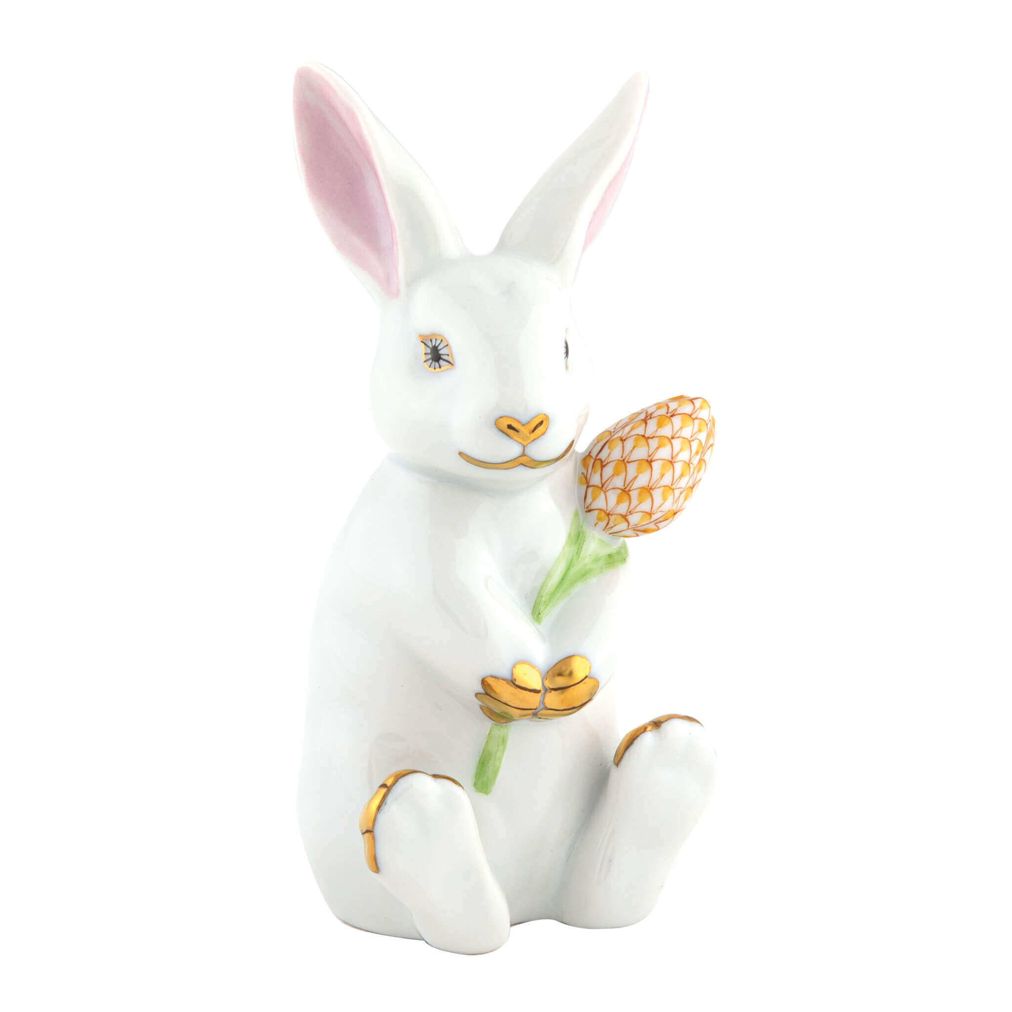 Herend Blossom Bunny in White-Butterscotch - Hand-painted Hungarian porcelain figurine