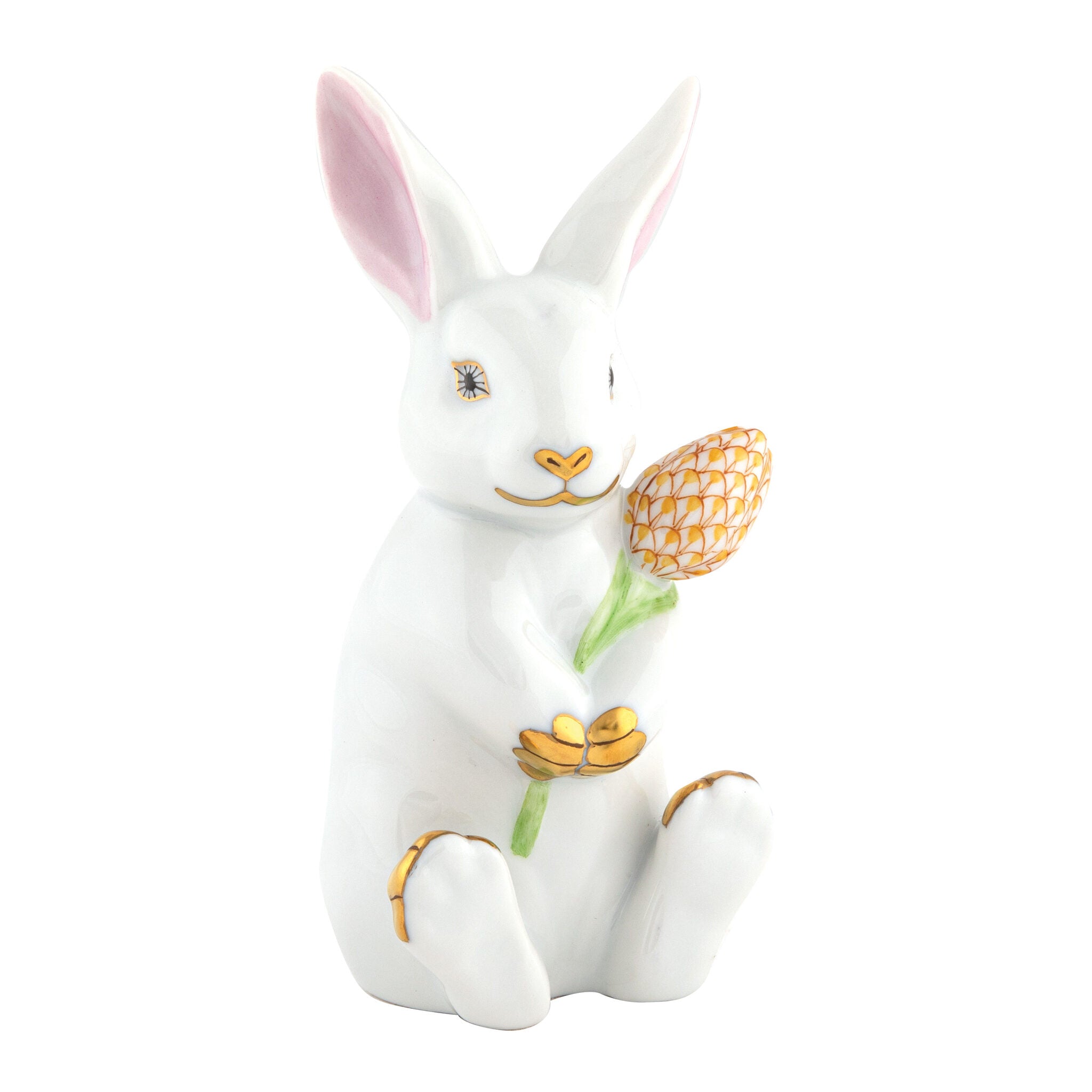Herend Blossom Bunny Figurine porcelain figurine painted in the White-Butterscotch fishnet pattern