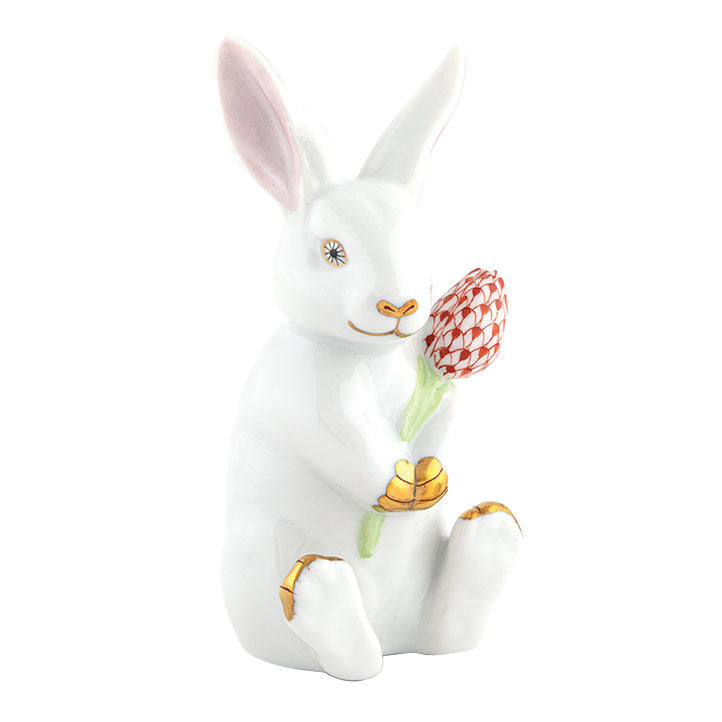 Hand-painted Herend Blossom Bunny Figurine in White-Rust fishnet porcelain on a white background
