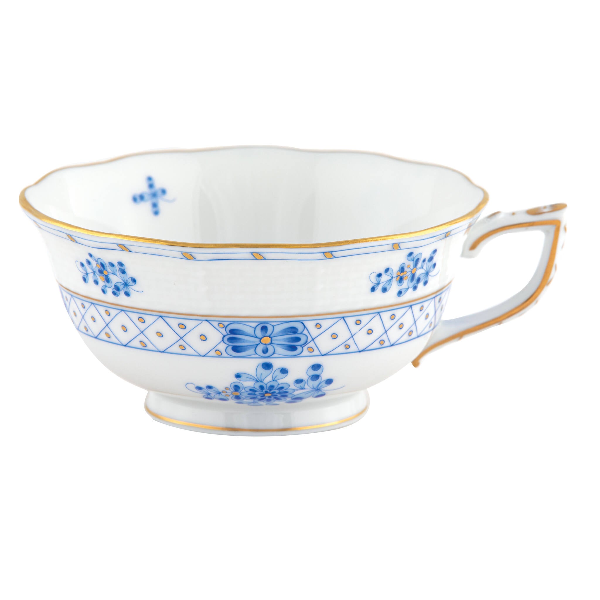 Hand-painted Herend Blue Garden Tea Cup Cup & Saucer Set in fine porcelain, on a white background