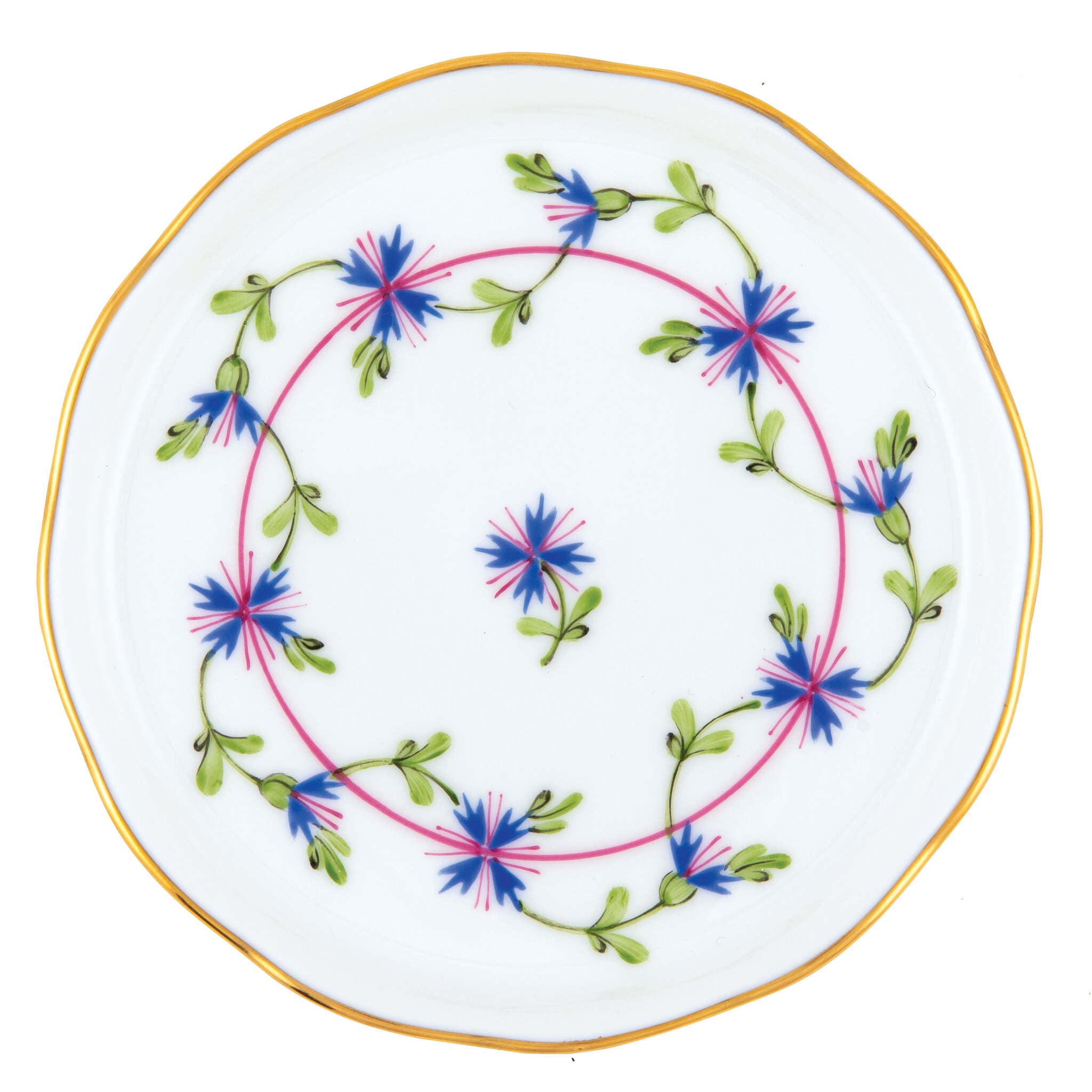 Hand-painted Herend Blue Garland Coaster in fine porcelain, 4in D, on a white background