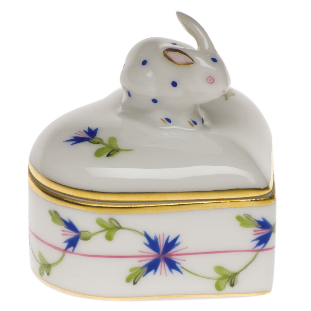 Hand-painted Herend Blue Garland Heart Box with Bunny in fine porcelain, 2in L X 2in W X 2in H, on a white background
