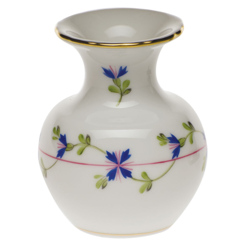 Hand-painted Herend Blue Garland Medium Bud Vase with Lip in fine porcelain, 2.25in L X 2.25in W X 2.75in H, on a white background