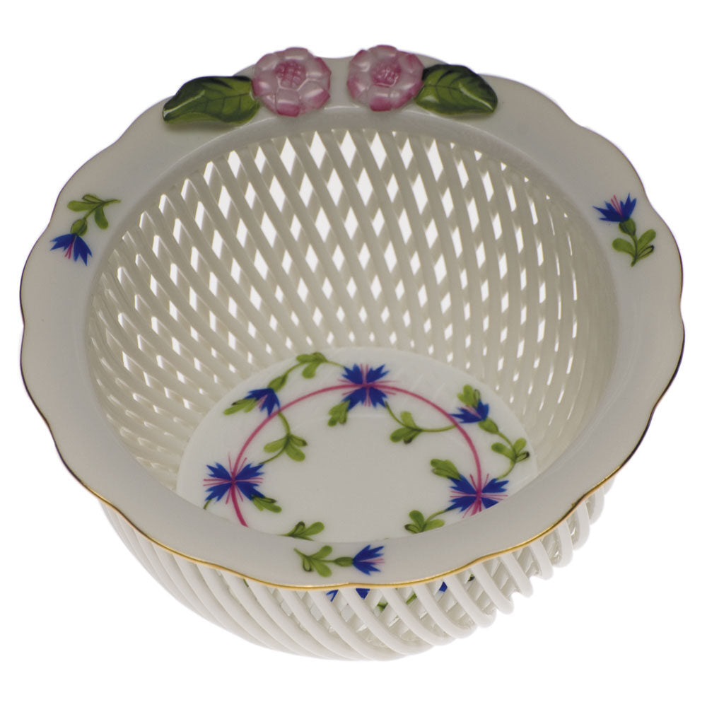 Hand-painted Herend Blue Garland Openwork Basket with Flowers in fine porcelain, 4in D, on a white background