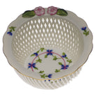 Hand-painted Herend Blue Garland Openwork Basket with Flowers in fine porcelain, 4in D, on a white background