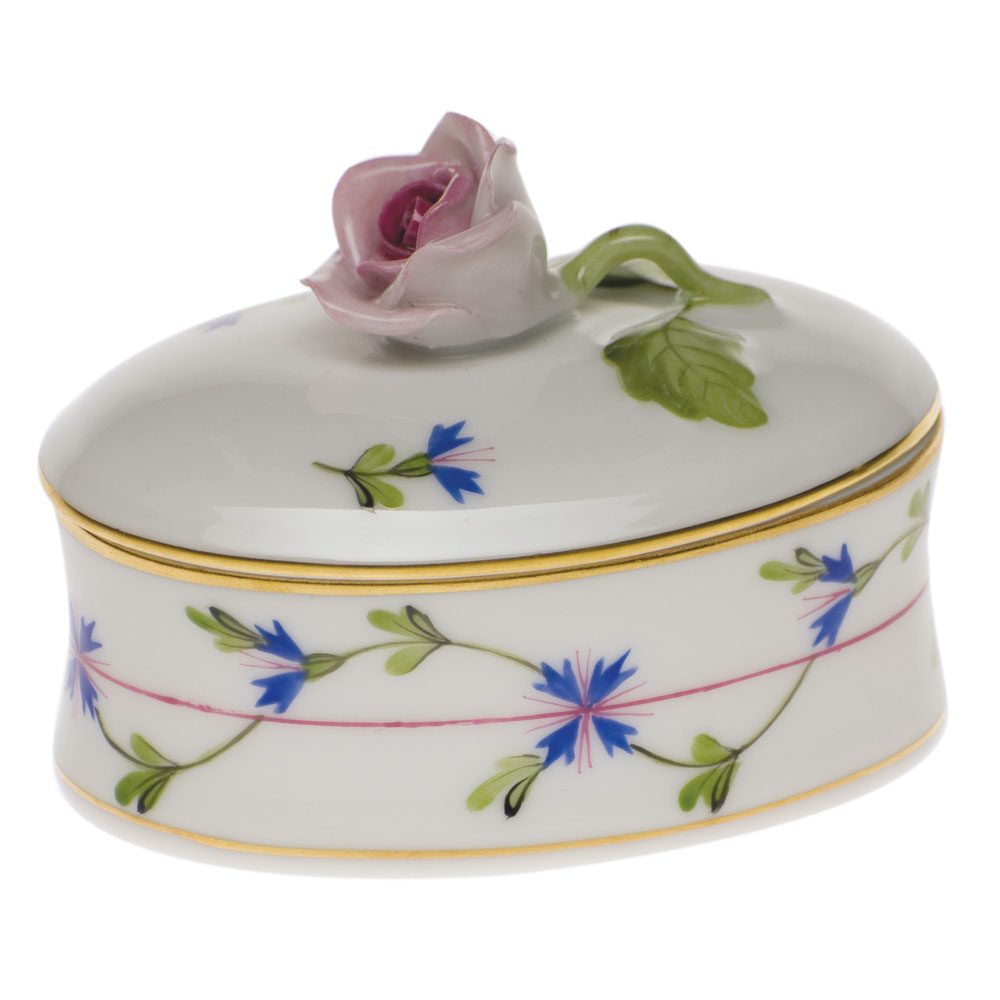 Hand-painted Herend Blue Garland Oval Box with Rose in fine porcelain, 2.75in L X 2in H, on a white background