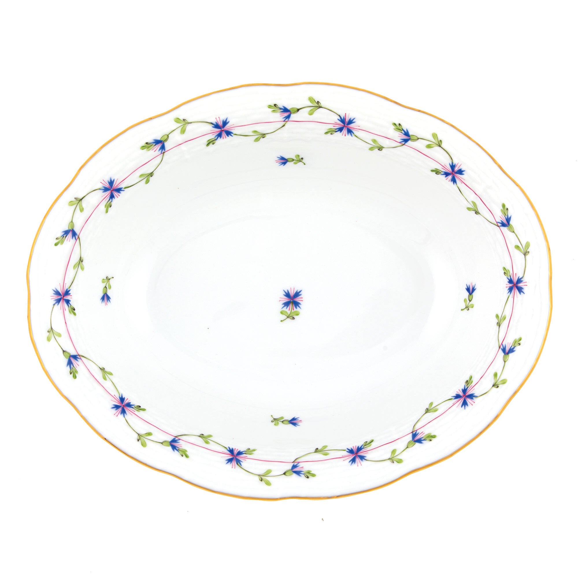 Hand-painted Herend Blue Garland Oval Vegetable Dish Serving Bowl in fine porcelain, 10in L X 8in W, on a white background