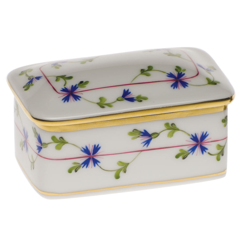 Hand-painted Herend Blue Garland Rectangular Box in fine porcelain, 3in L X 2in W, on a white background