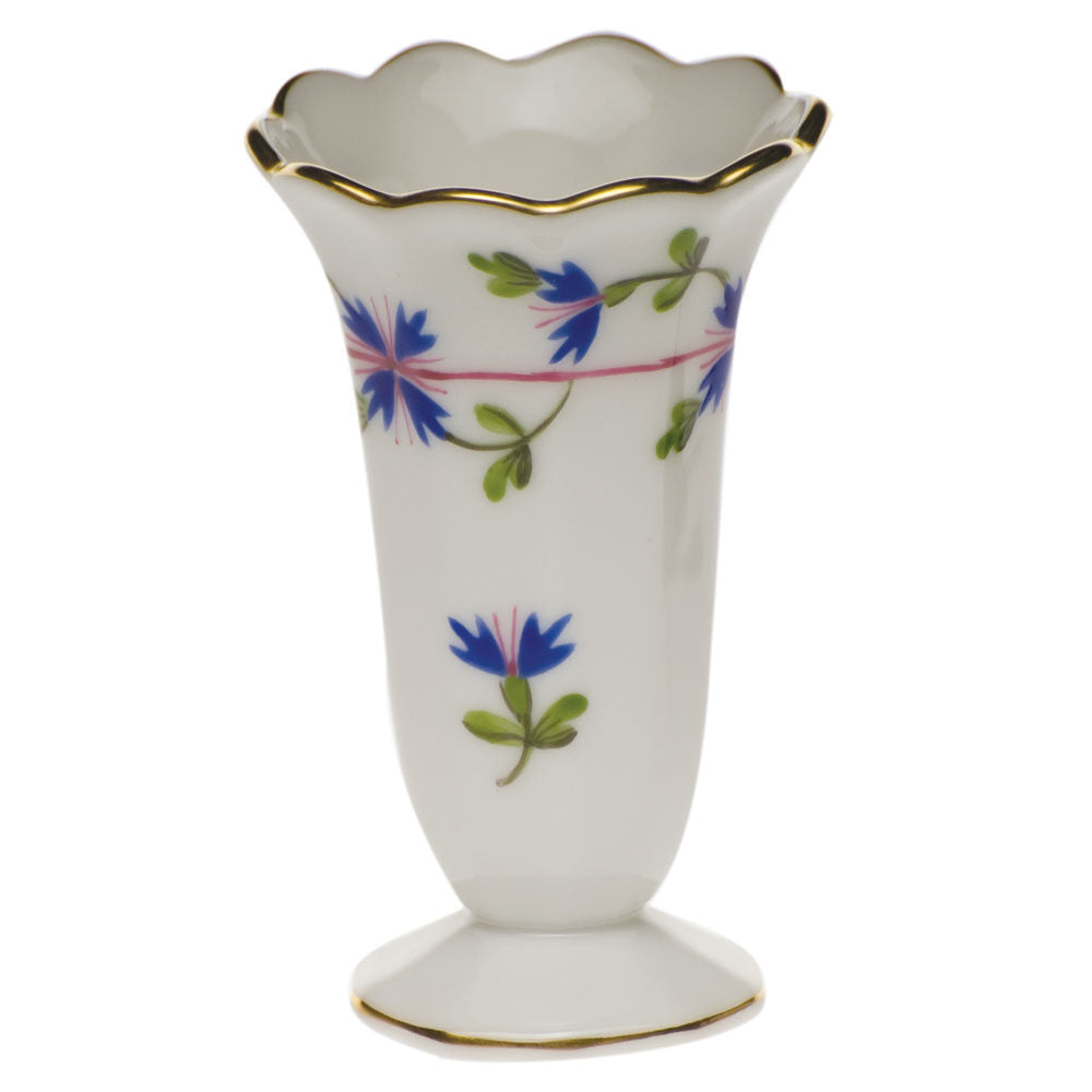 Hand-painted Herend Blue Garland Scalloped Bud Vase in fine porcelain, 2.5in H, on a white background