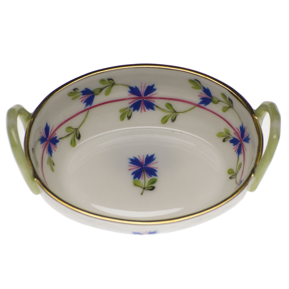 Hand-painted Herend Blue Garland Small Basket with Handles in fine porcelain, 2.75in L X 2.25in W, on a white background