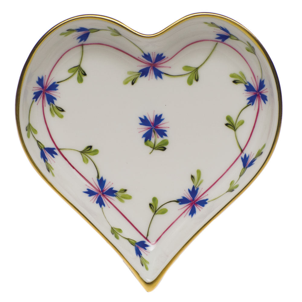 Hand-painted Herend Blue Garland Small Heart Tray Decorative Plate in fine porcelain, 4in L X 4in W, on a white background