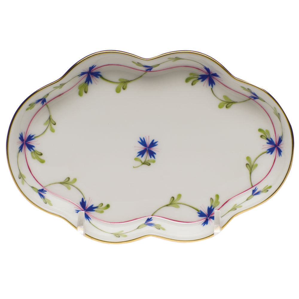 Hand-painted Herend Blue Garland Small Scalloped Tray Decorative Plate in fine porcelain, 5.5in L, on a white background