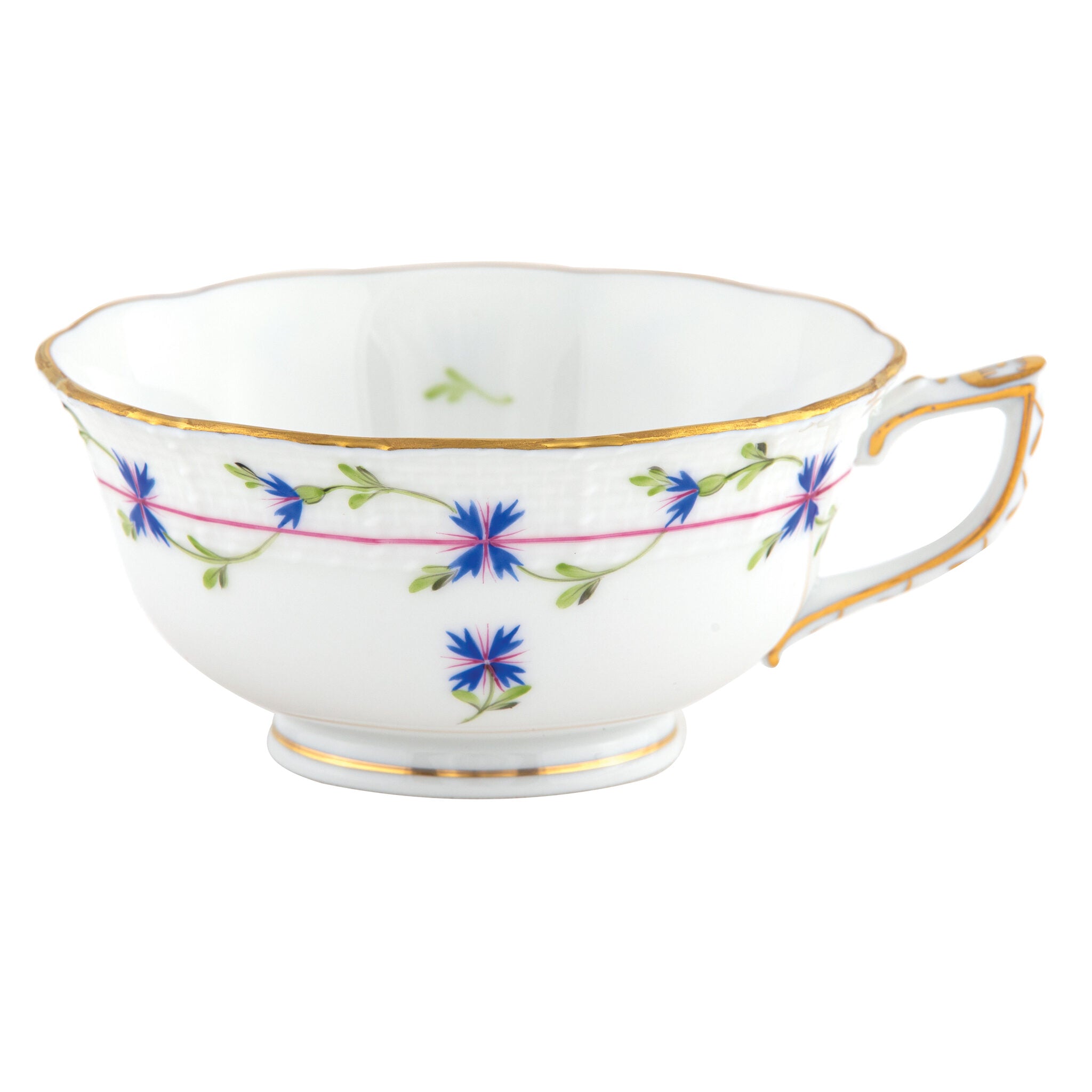 Hand-painted Herend Blue Garland Tea Cup Cup & Saucer Set in fine porcelain, on a white background