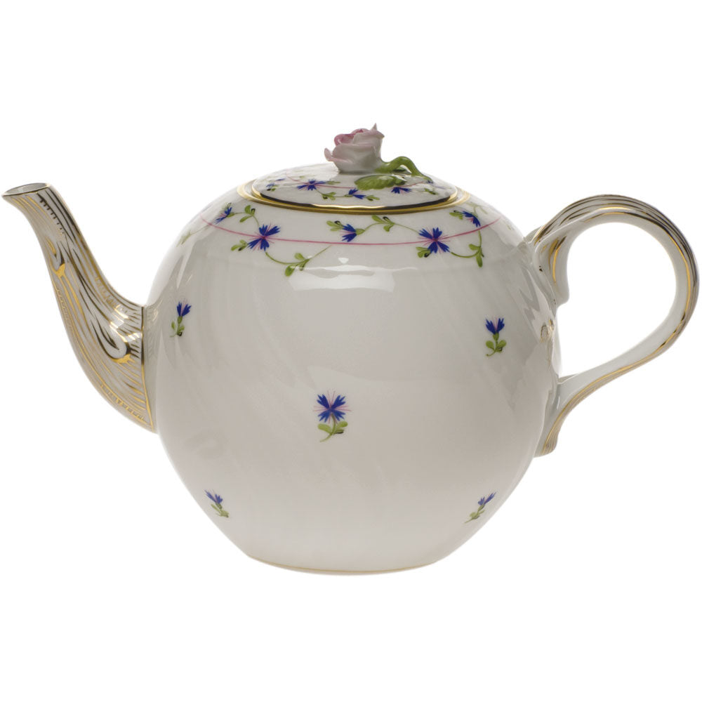 Hand-painted Herend Blue Garland Tea Pot with Rose Teapot in fine porcelain, (36 OZ) 5.5in H, on a white background