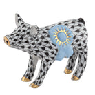 Blue Ribbon Pig Figurine in hand-painted Black porcelain by Herend of Hungary