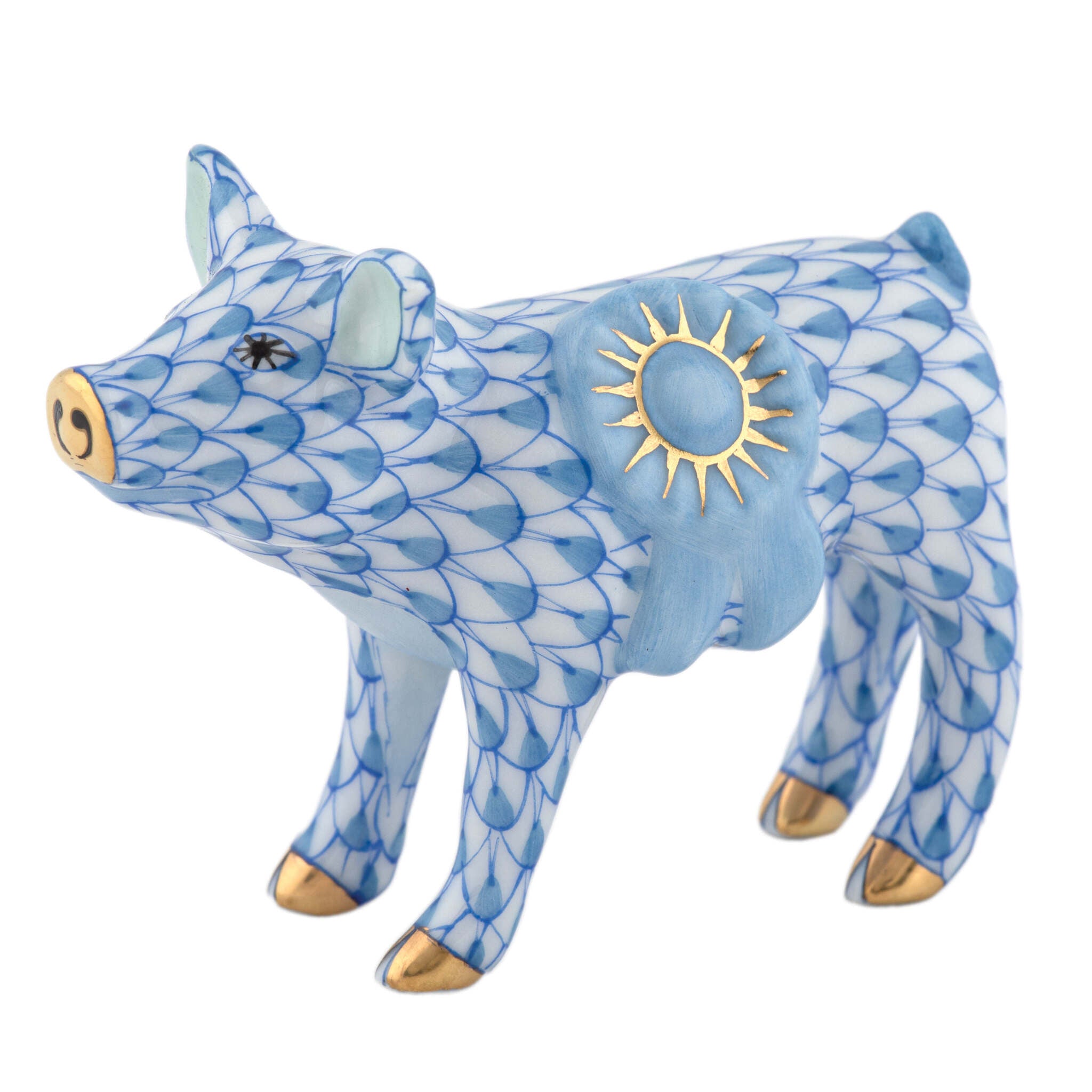 Blue Ribbon Pig Figurine in hand-painted Blue porcelain by Herend of Hungary