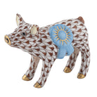 Blue Ribbon Pig Figurine in hand-painted Chocolate porcelain by Herend of Hungary