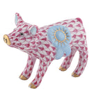 Raspberry fishnet Blue Ribbon Pig Figurine figurine, hand-painted Herend porcelain with 24k gold accents