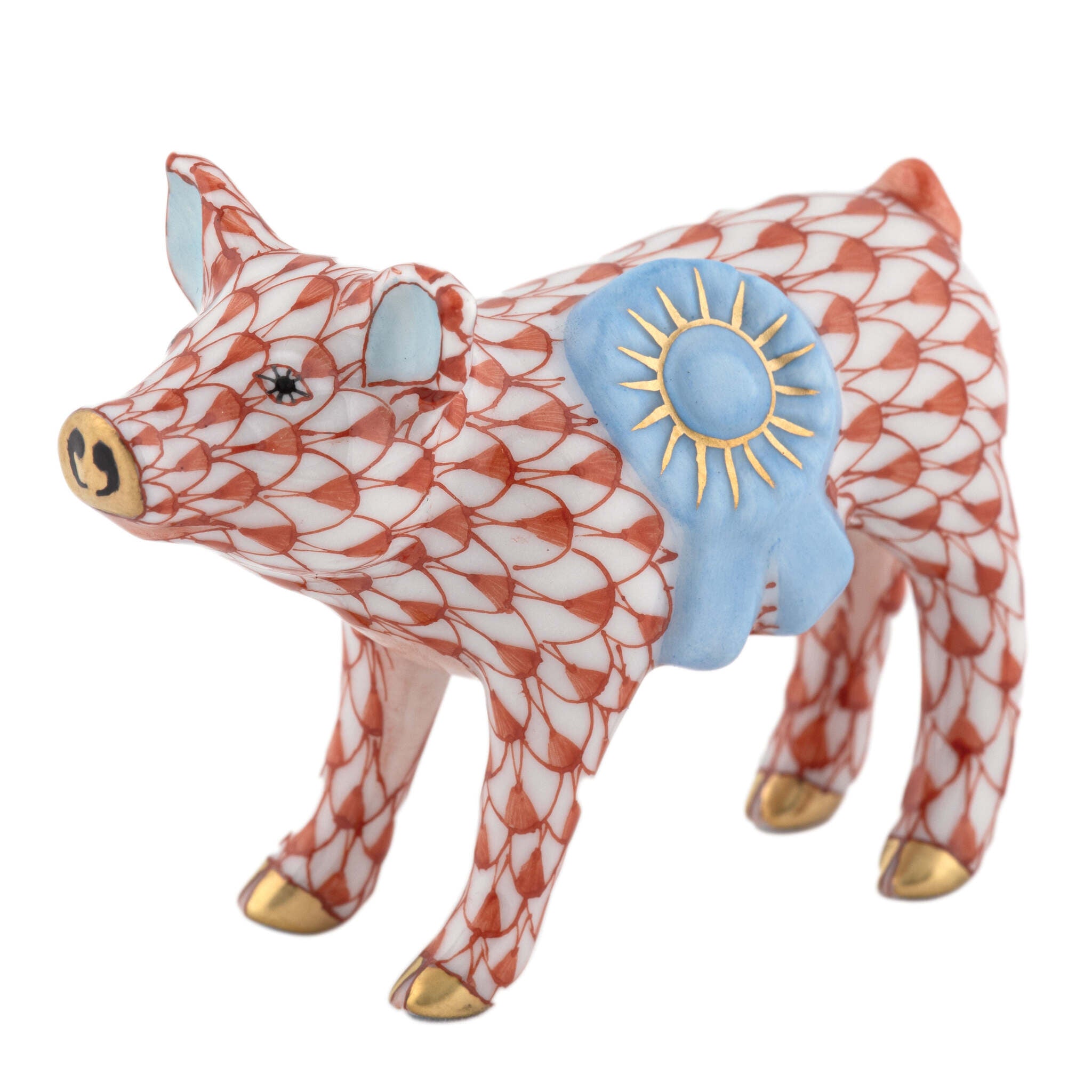 Hand-painted Herend Blue Ribbon Pig Figurine in Rust fishnet porcelain on a white background