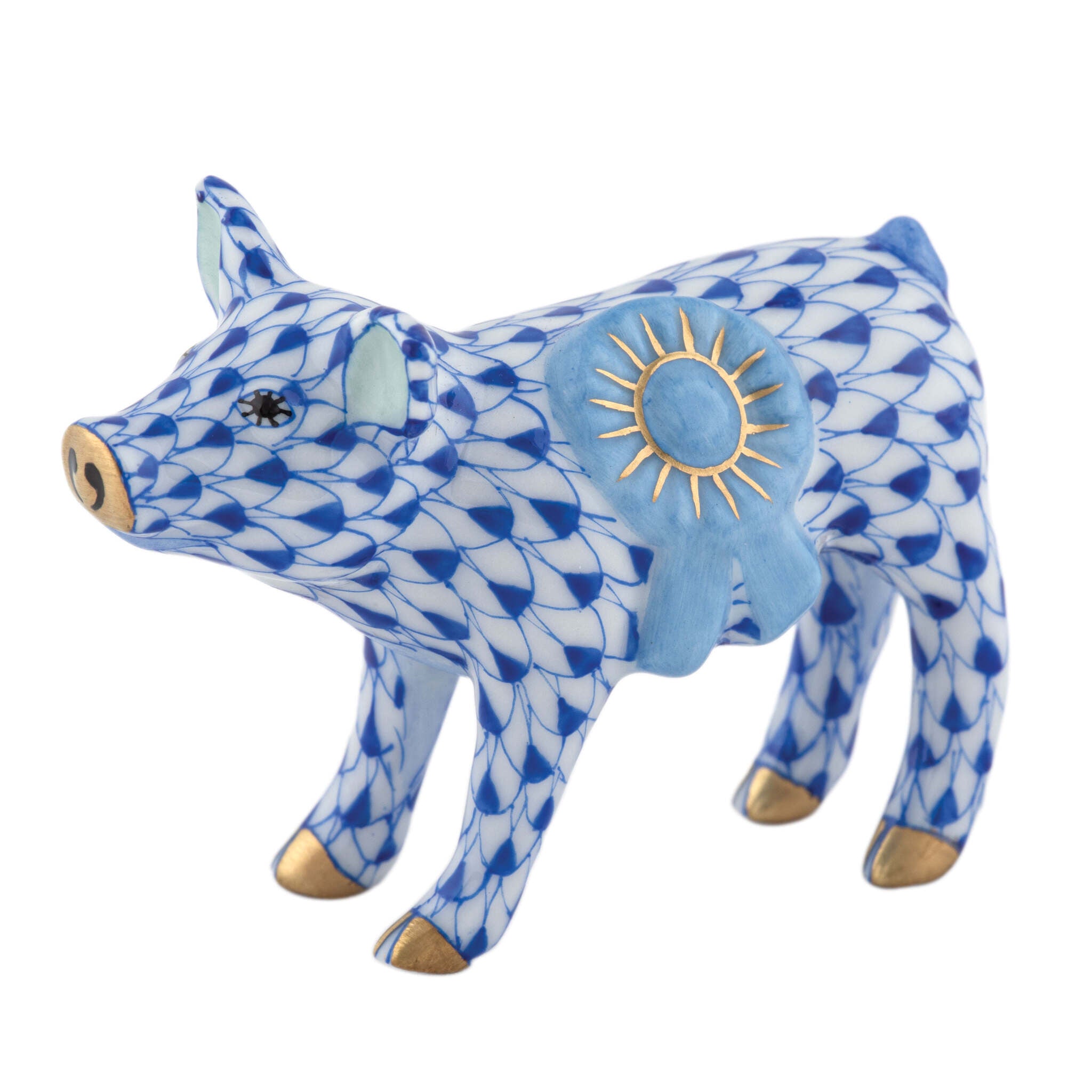 Blue Ribbon Pig Figurine in hand-painted Sapphire porcelain by Herend of Hungary
