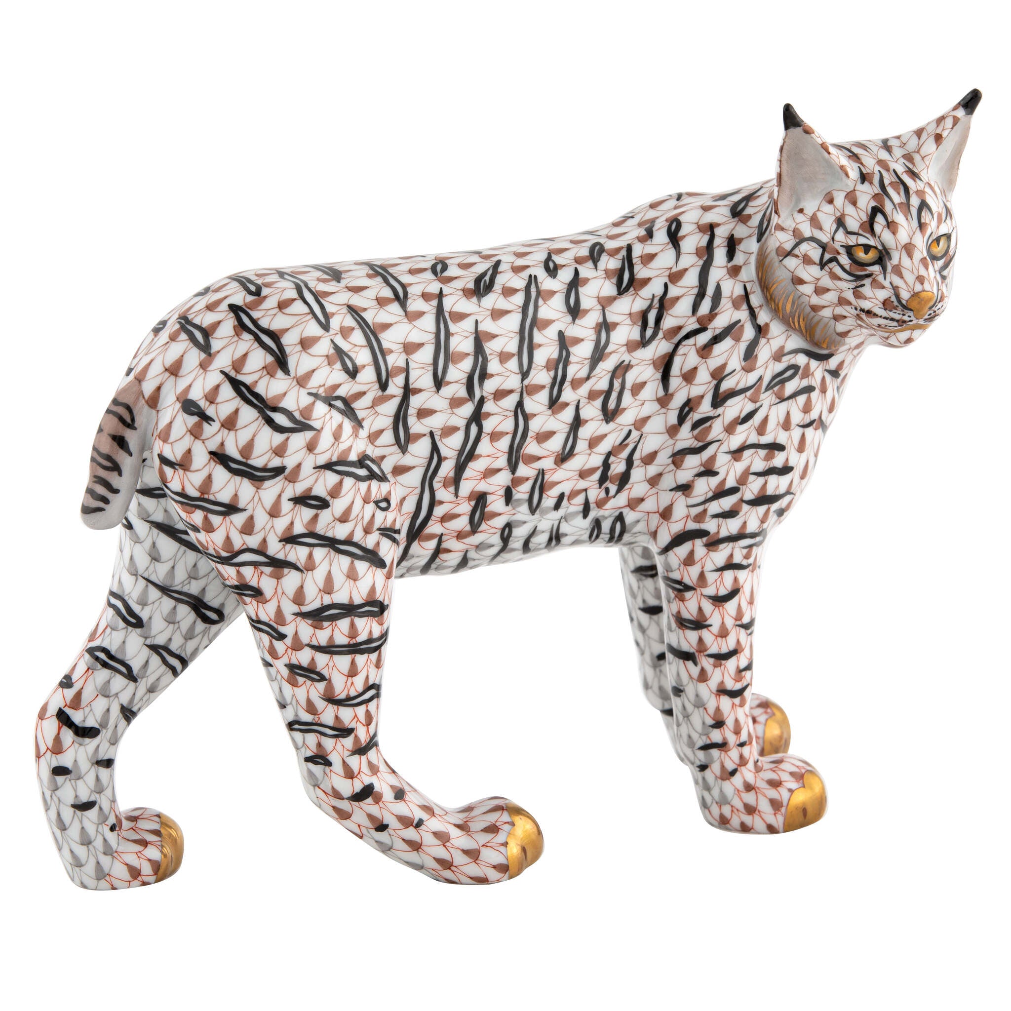Hand-painted Herend Bobcat Figurine in fine porcelain, 7in L X 2.75in W X 6in H, on a white background