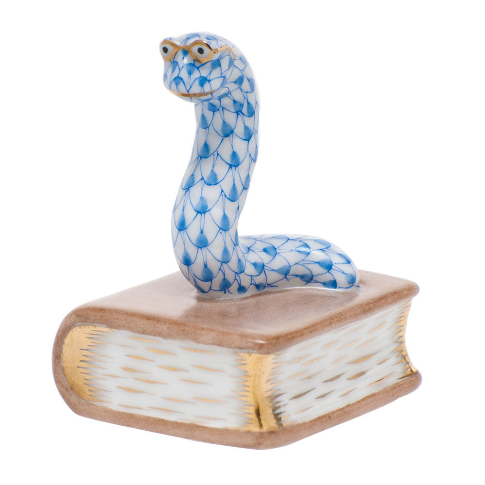 Blue fishnet Bookworm Figurine figurine, hand-painted Herend porcelain with 24k gold accents