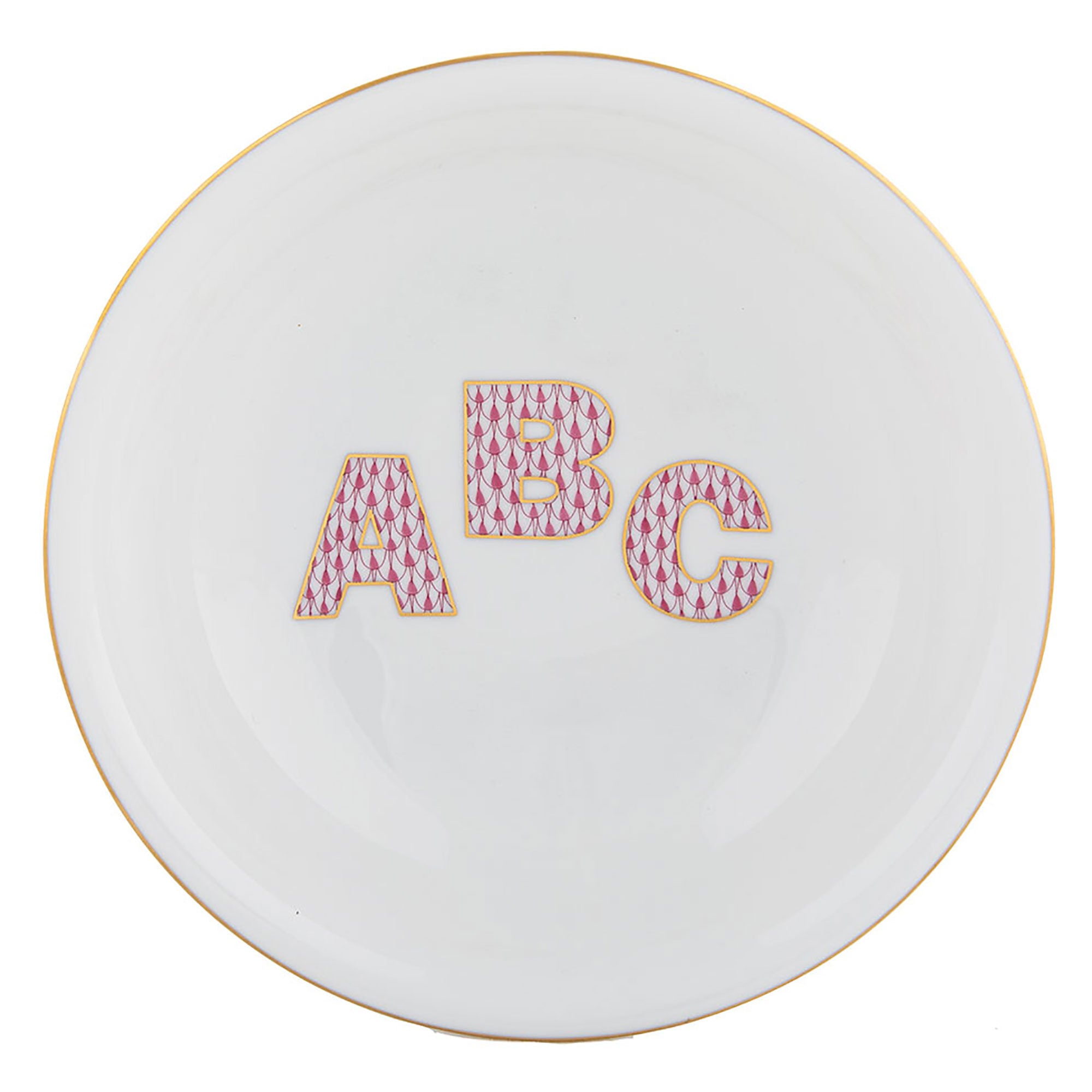 Raspberry fishnet Bowl with Abc figurine, hand-painted Herend porcelain with 24k gold accents