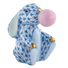 Herend Bubble Gum Bunny figurine in Blue with blue fishnet pattern with gold accents on a white background