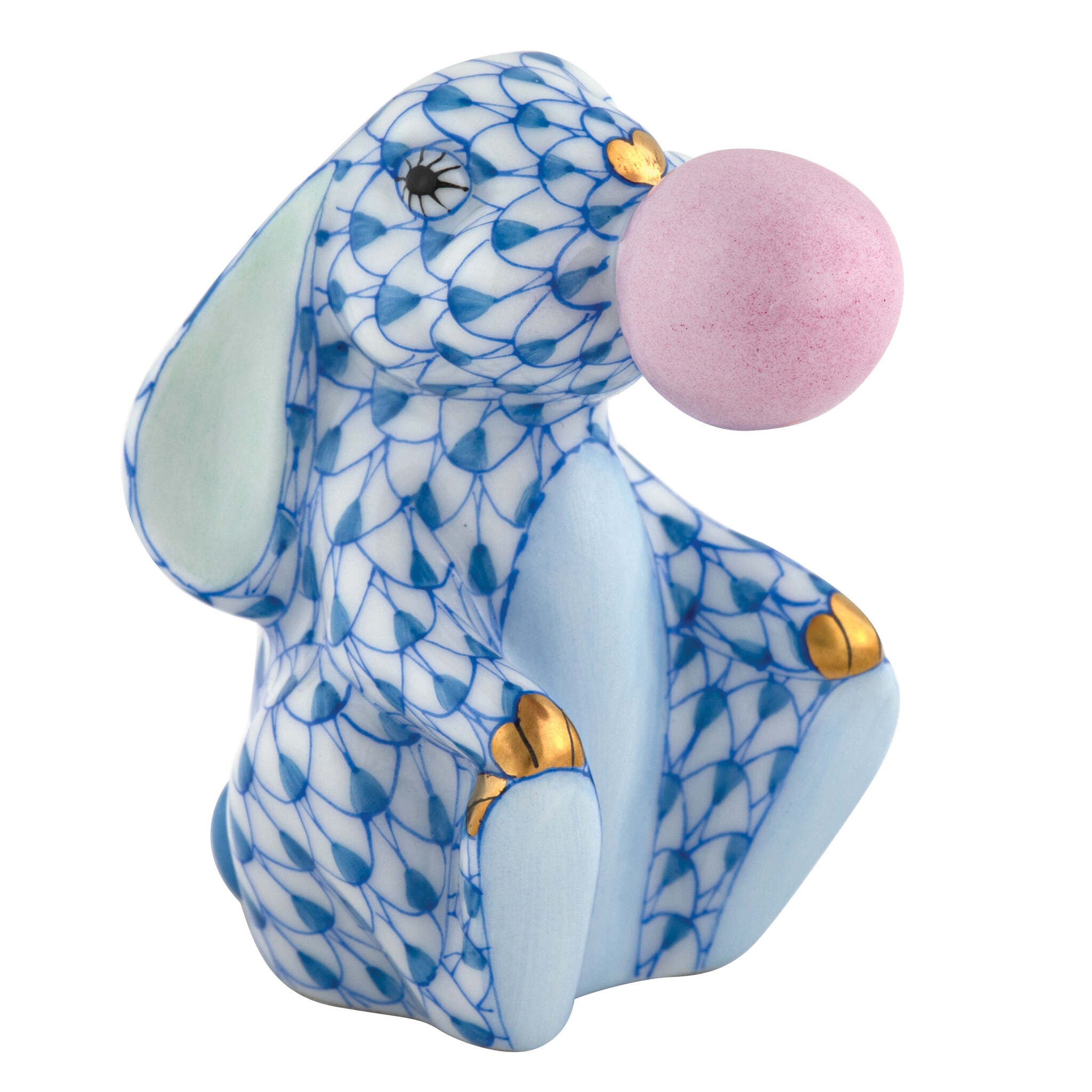 Hand-painted Herend Bubble Gum Bunny Figurine in Blue fishnet porcelain on a white background