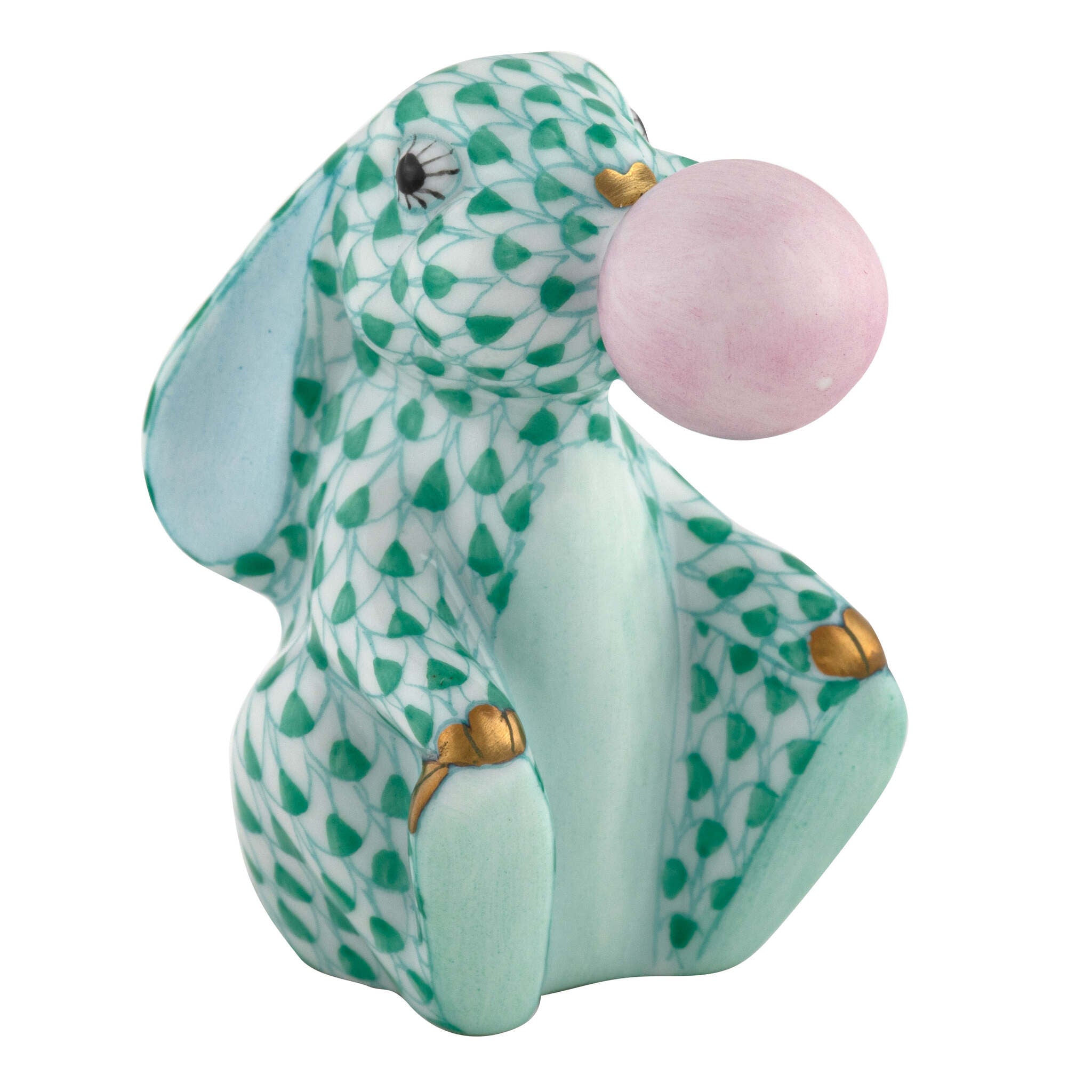 Herend Bubble Gum Bunny Figurine porcelain figurine painted in the Green fishnet pattern