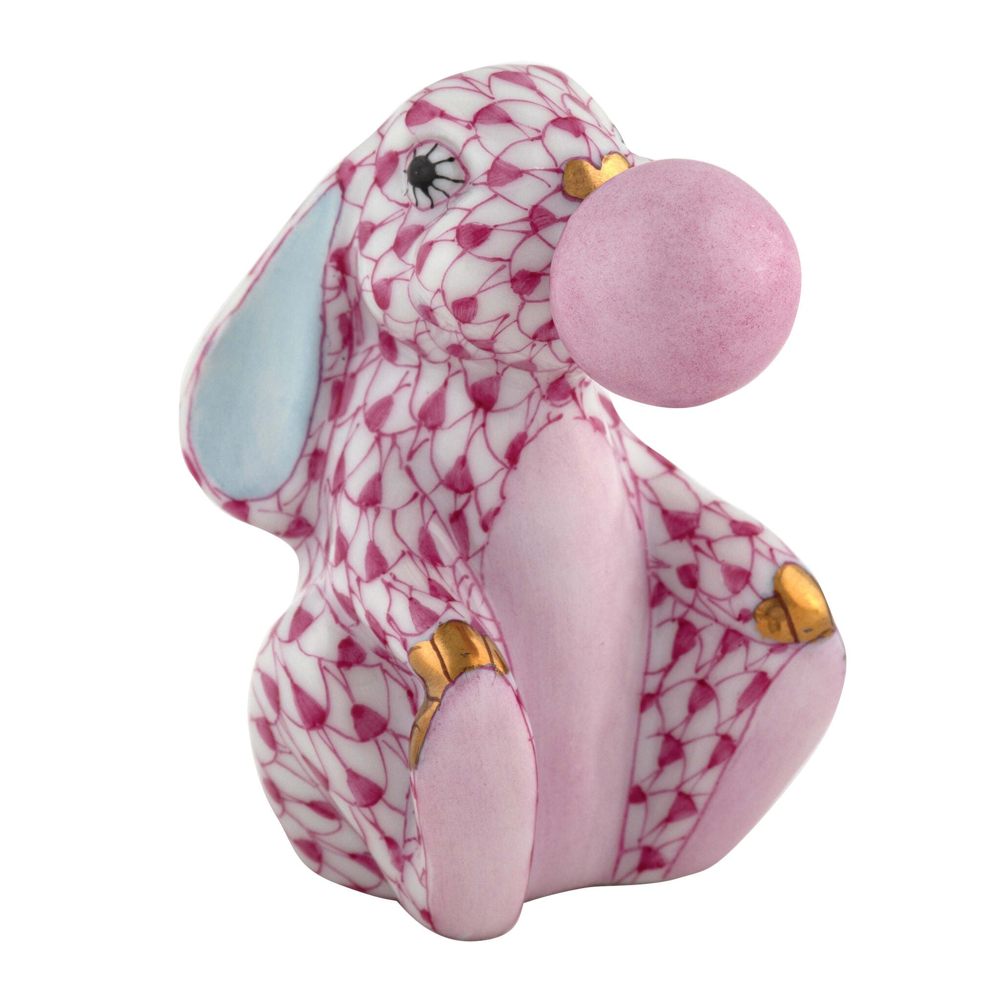Raspberry fishnet Bubble Gum Bunny Figurine figurine, hand-painted Herend porcelain with 24k gold accents
