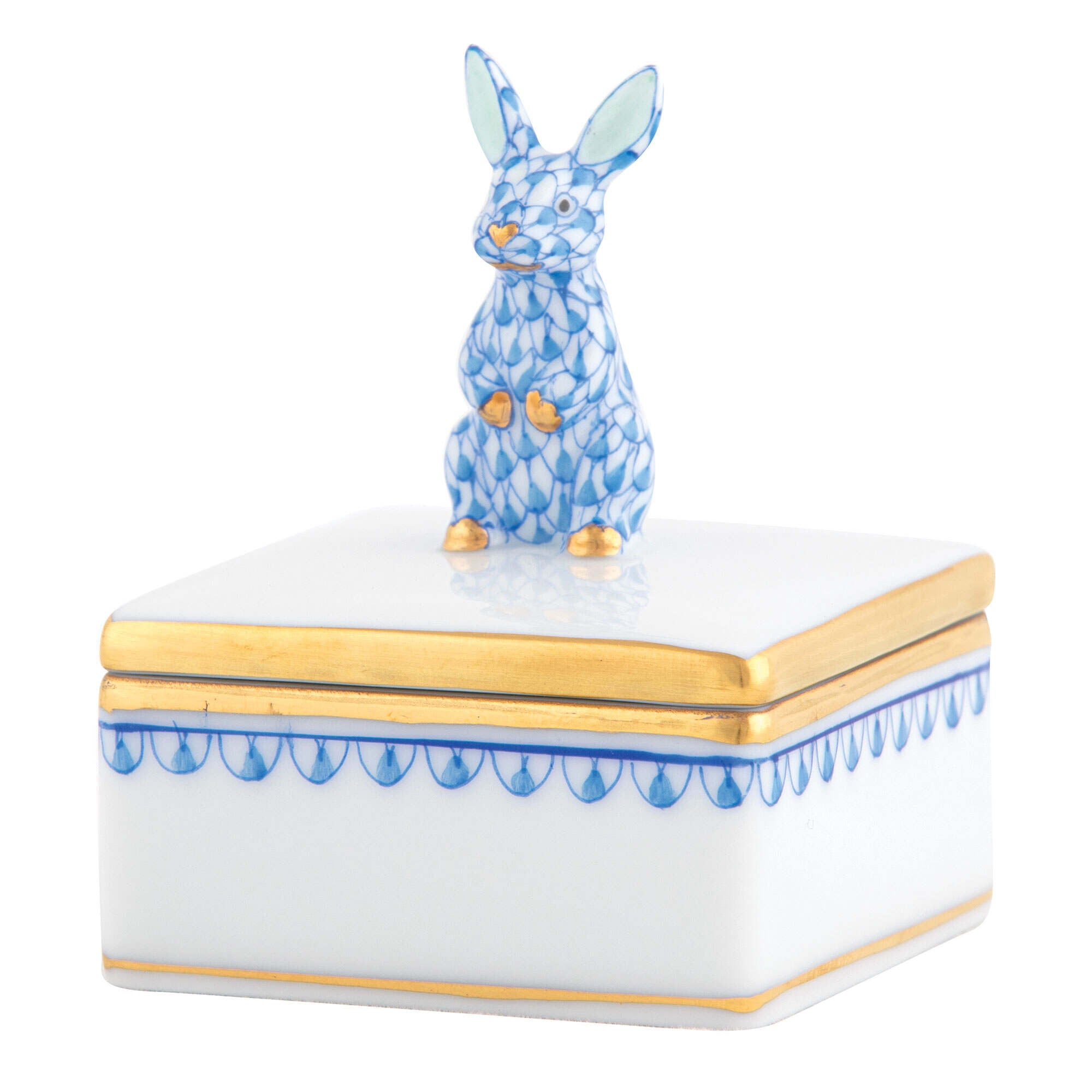 Blue fishnet Bunny Box figurine, hand-painted Herend porcelain with 24k gold accents